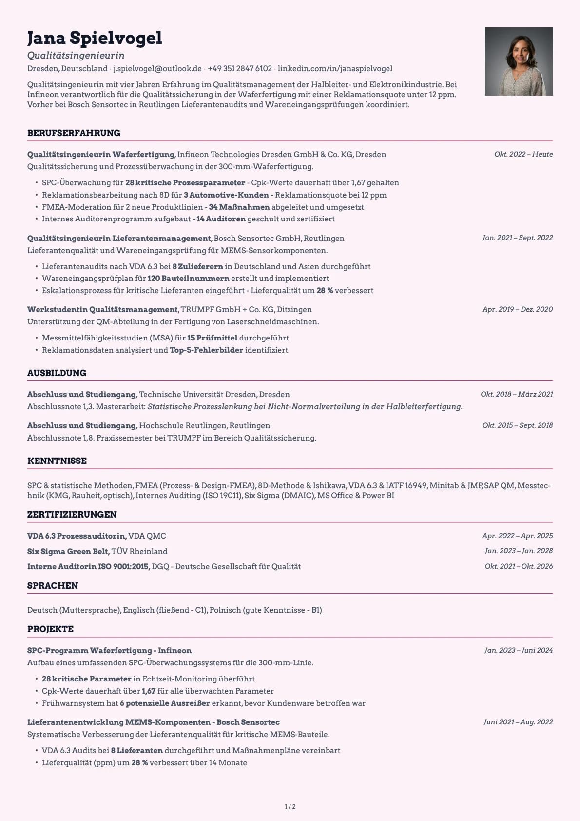 Qualitaetsingenieur resume example
