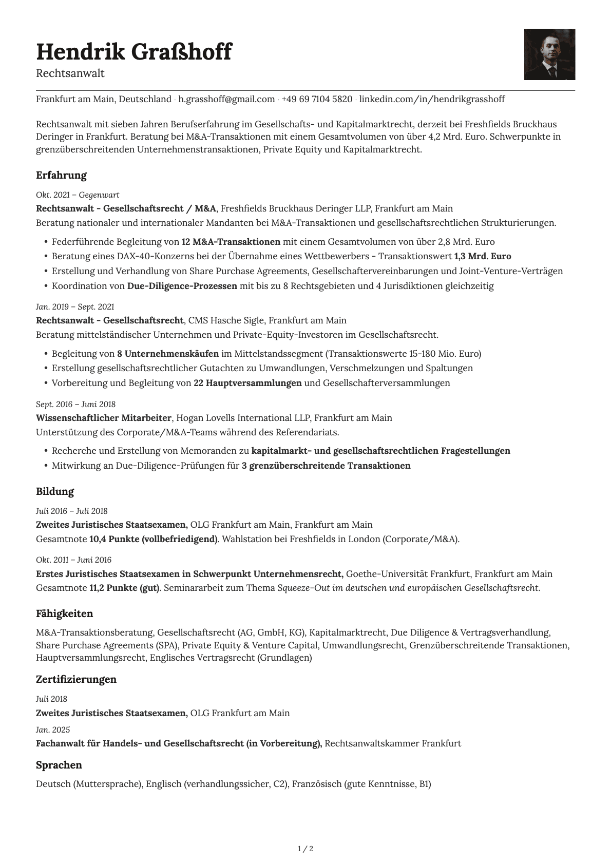 Rechtsanwalt resume example