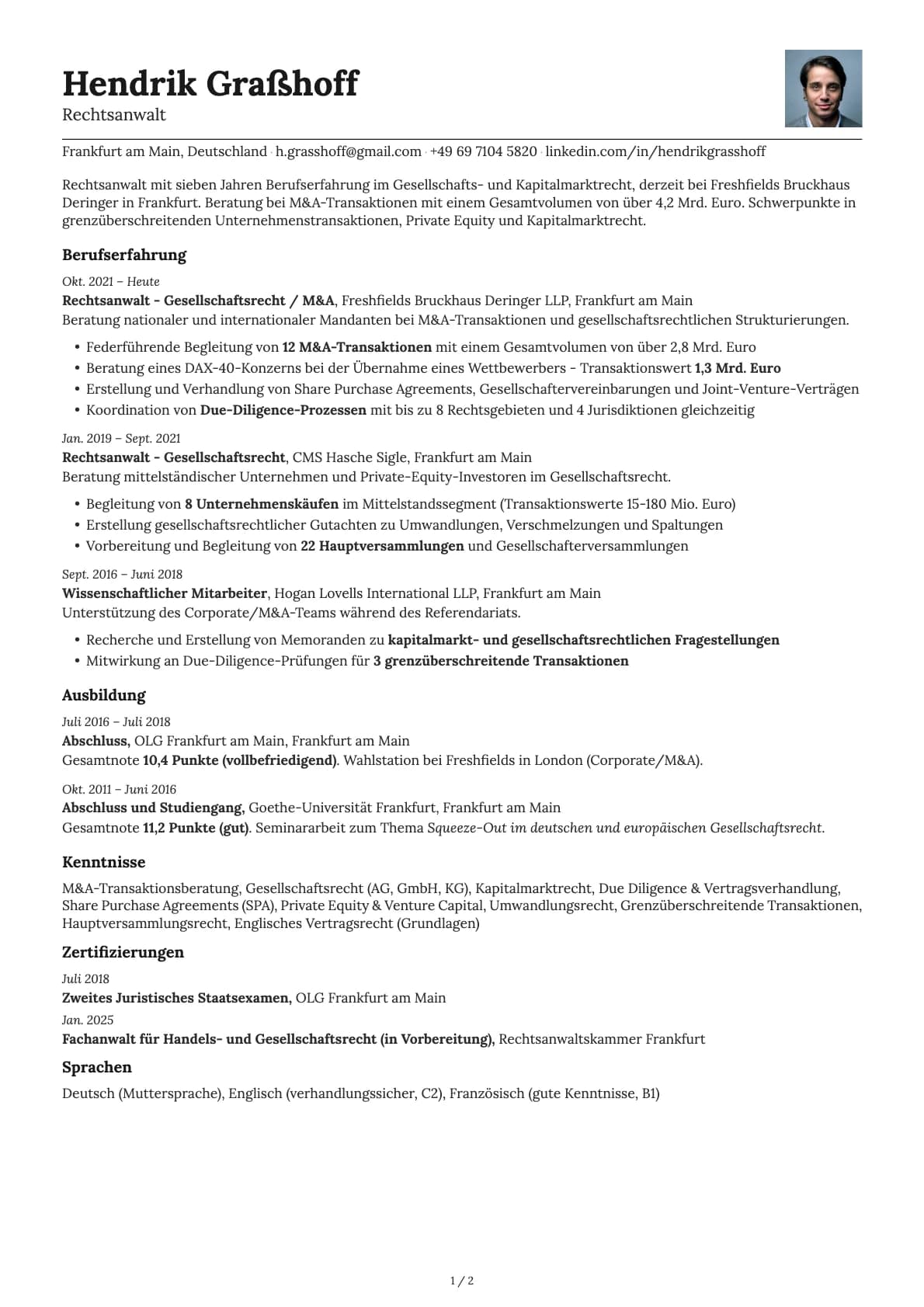 Rechtsanwalt resume example