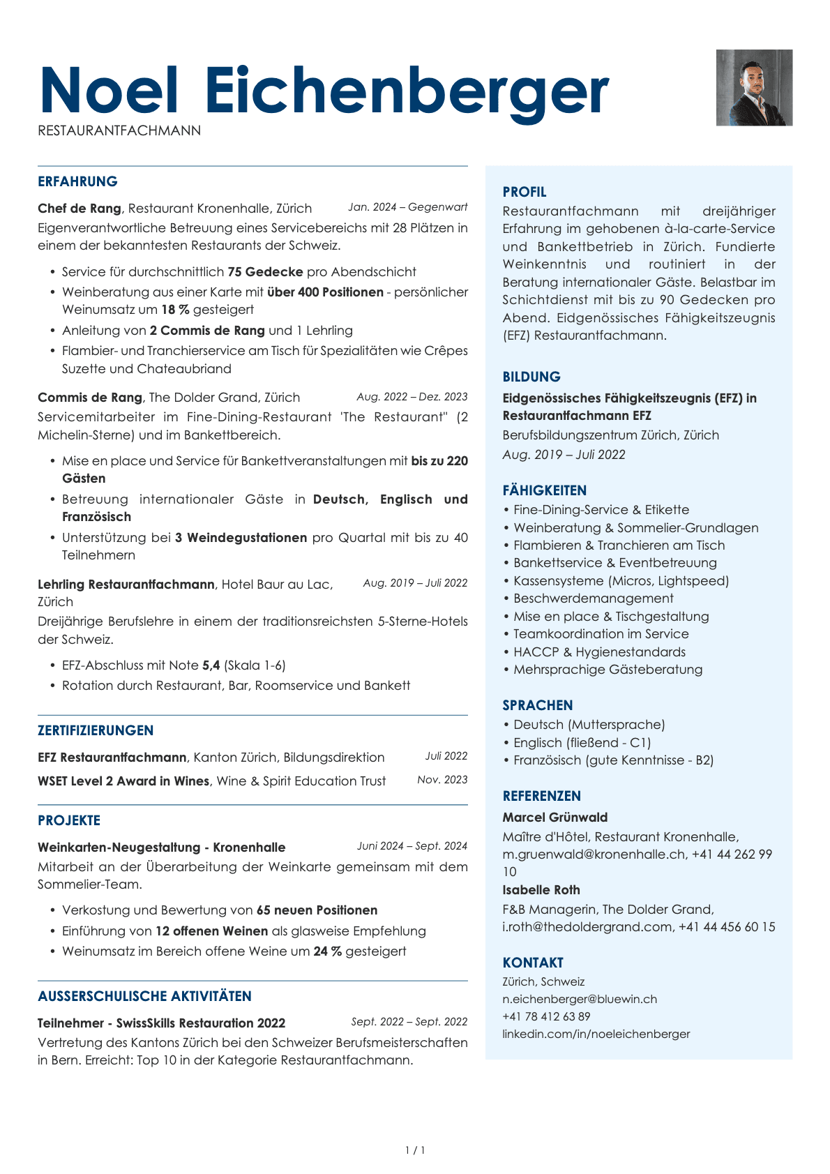 Restaurantfachmann / Servicekraft resume example