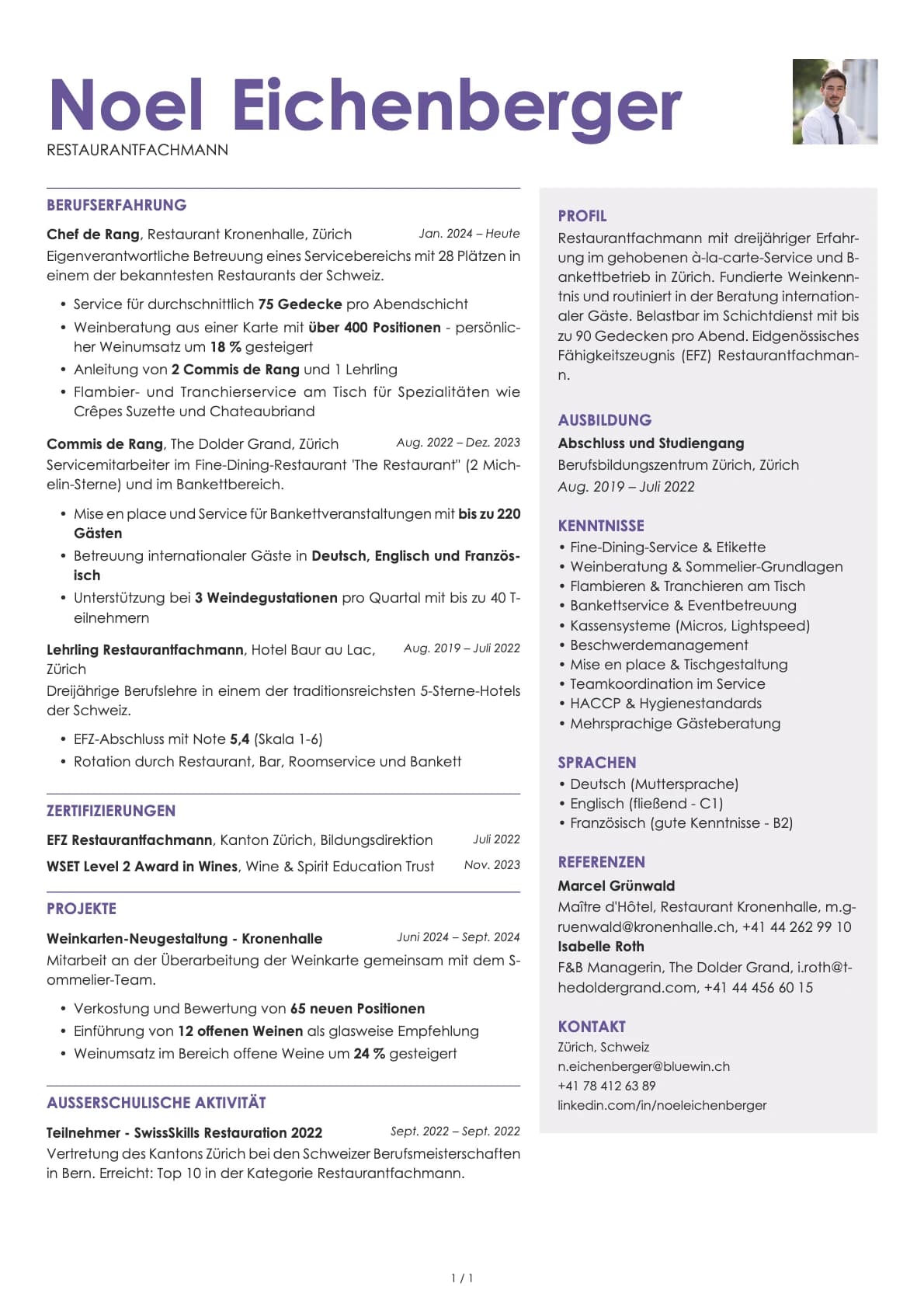 Restaurantfachmann / Servicekraft resume example