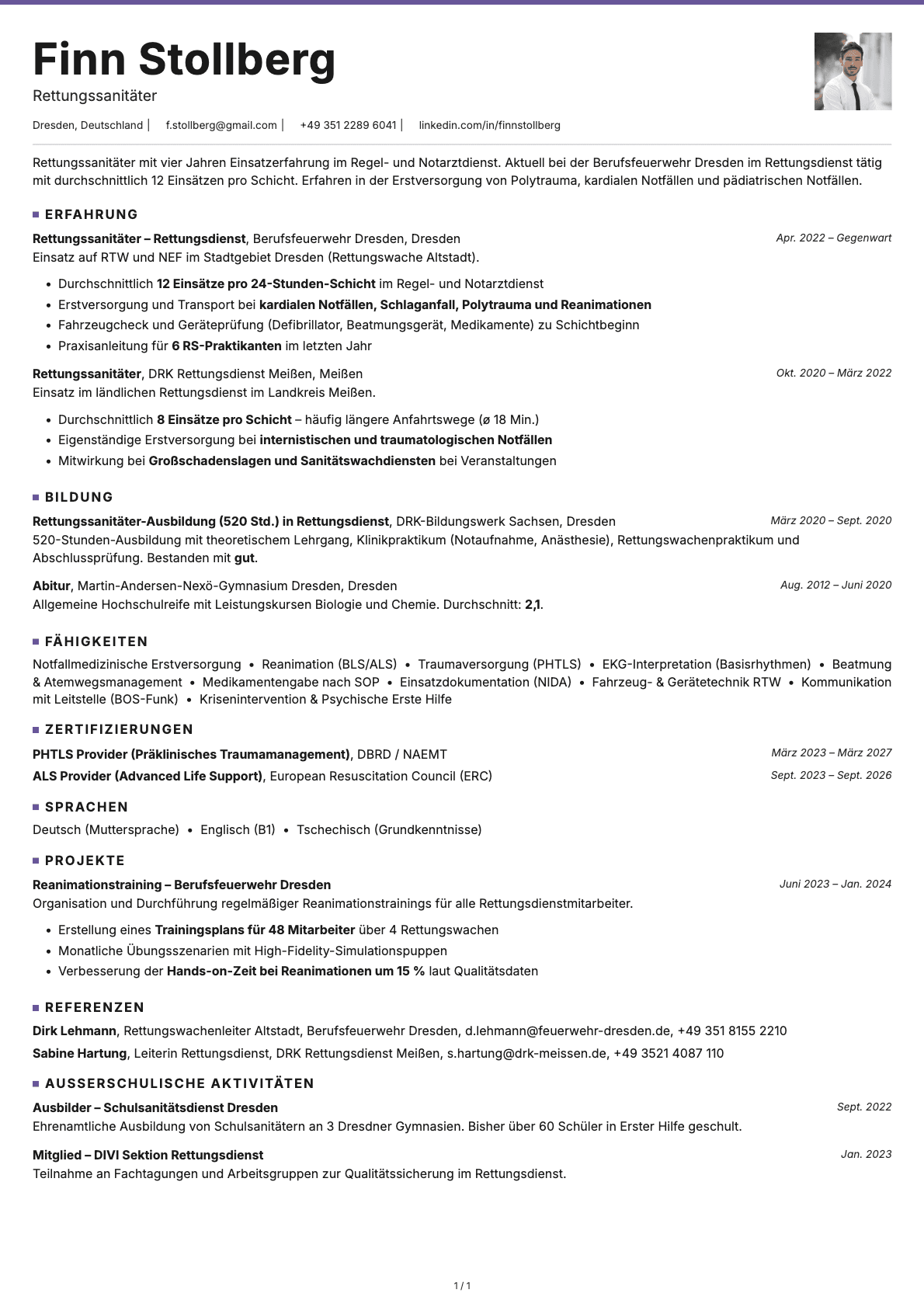 Rettungssanitäter resume example