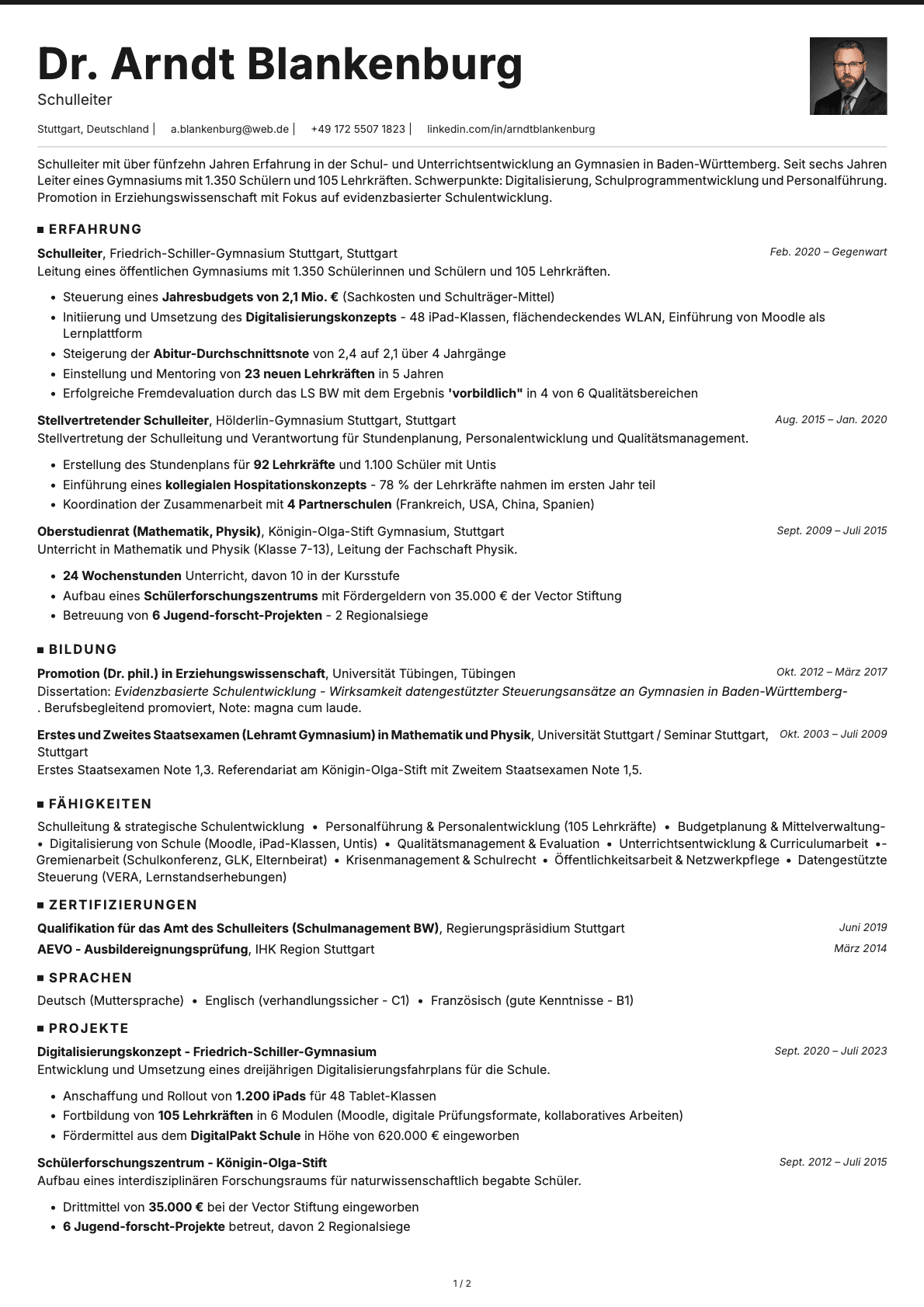 Schulleiter resume example