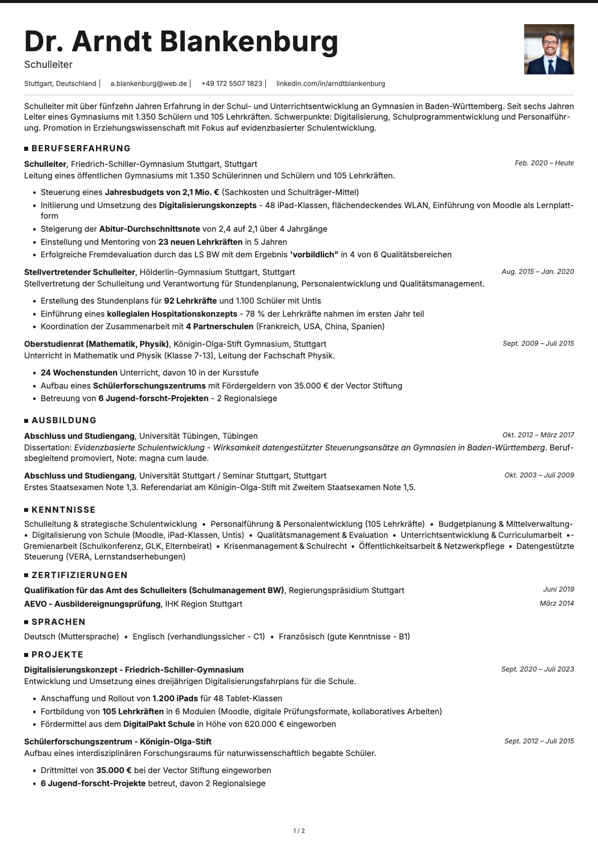 Schulleiter resume example