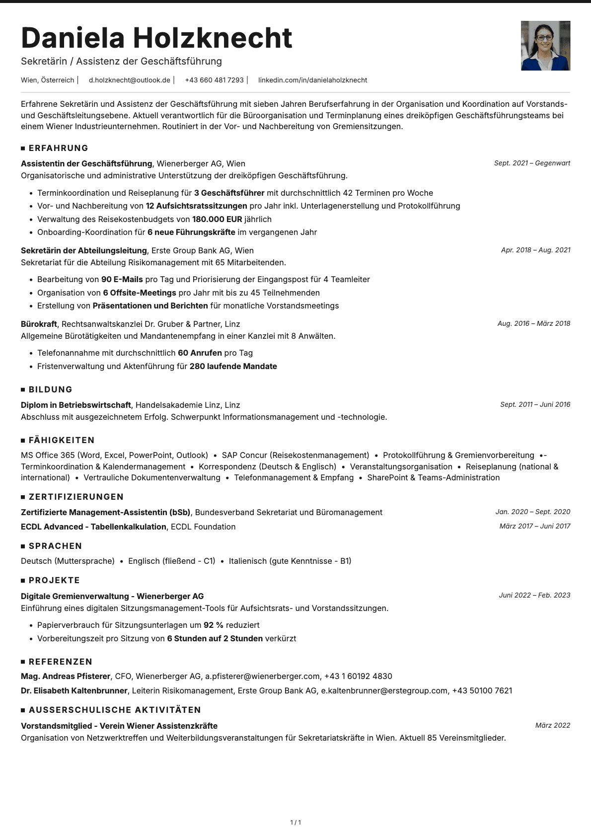 Sekretärin / Assistenz der Geschäftsführung resume example