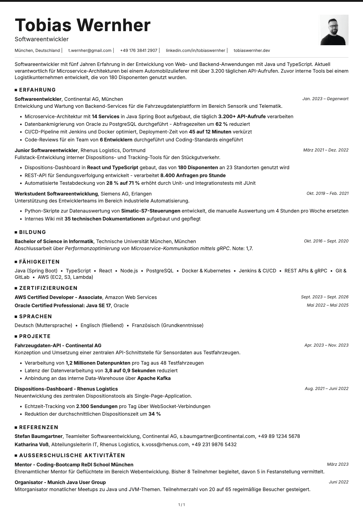 Softwareentwickler resume example