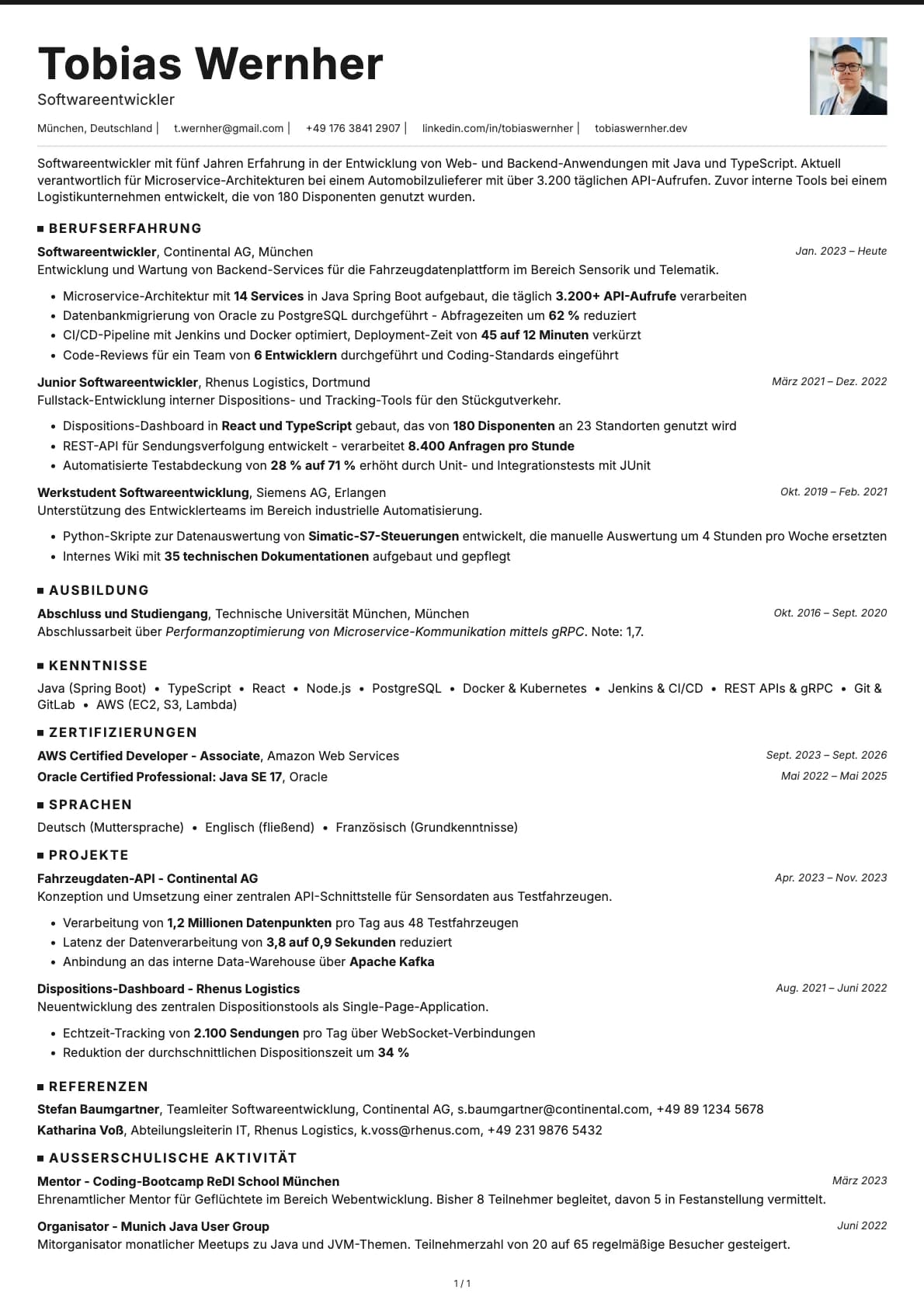 Softwareentwickler resume example