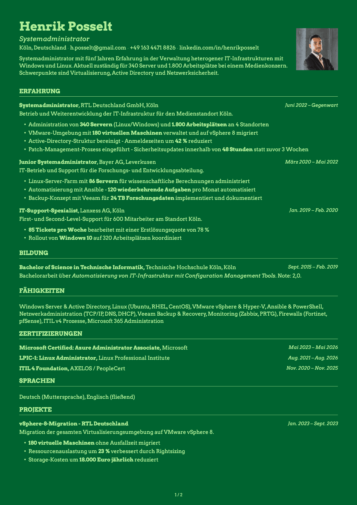 Systemadministrator resume example