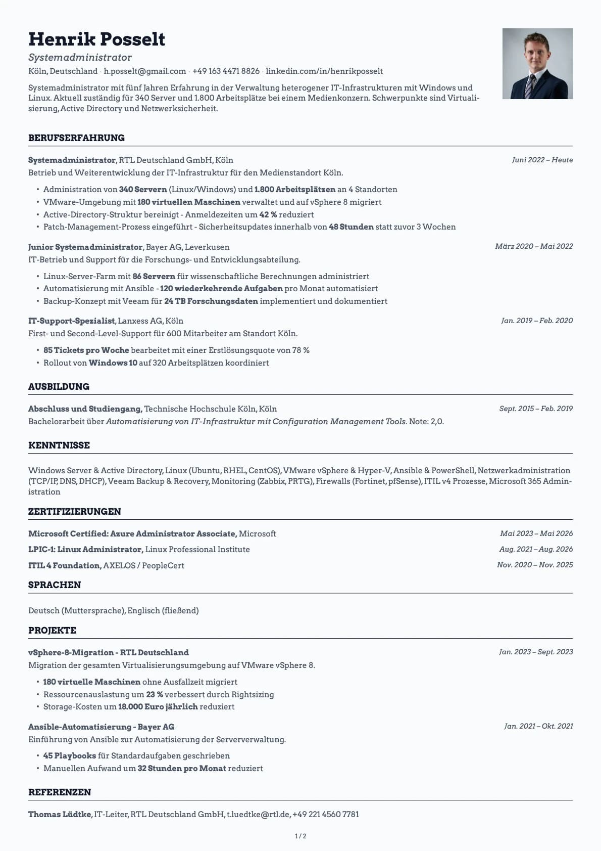 Systemadministrator resume example