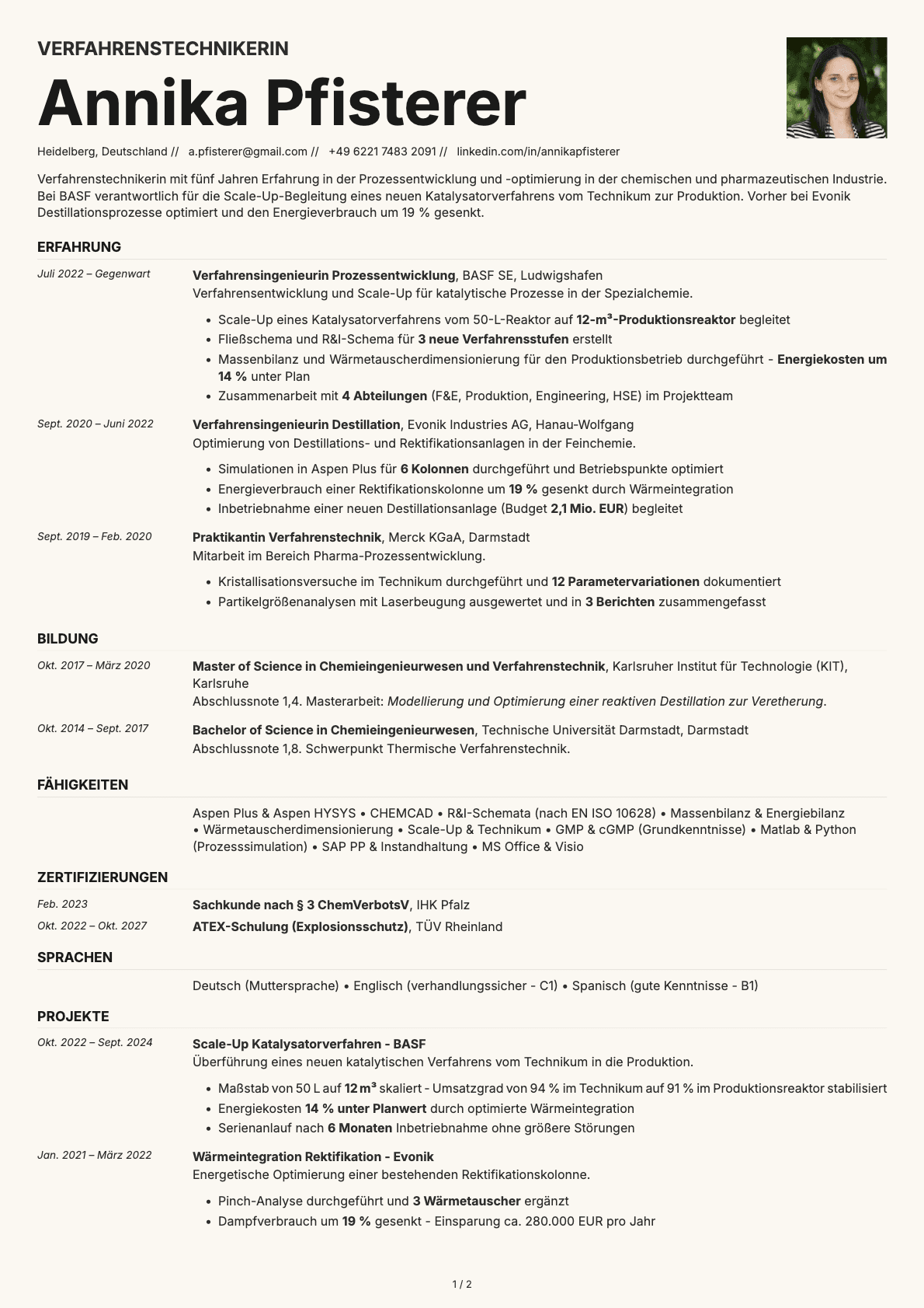 Verfahrenstechniker resume example