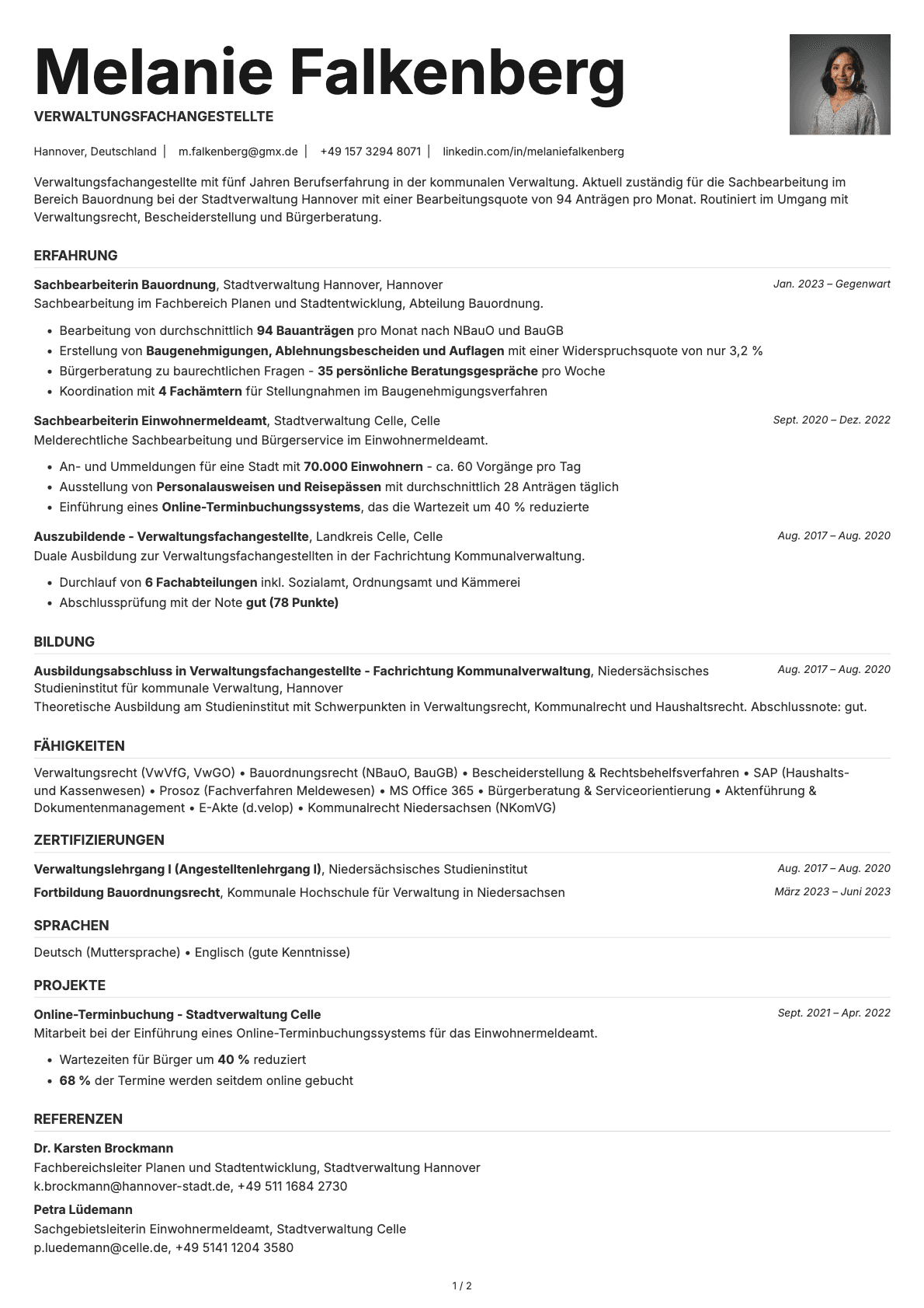 Verwaltungsfachangestellte resume example