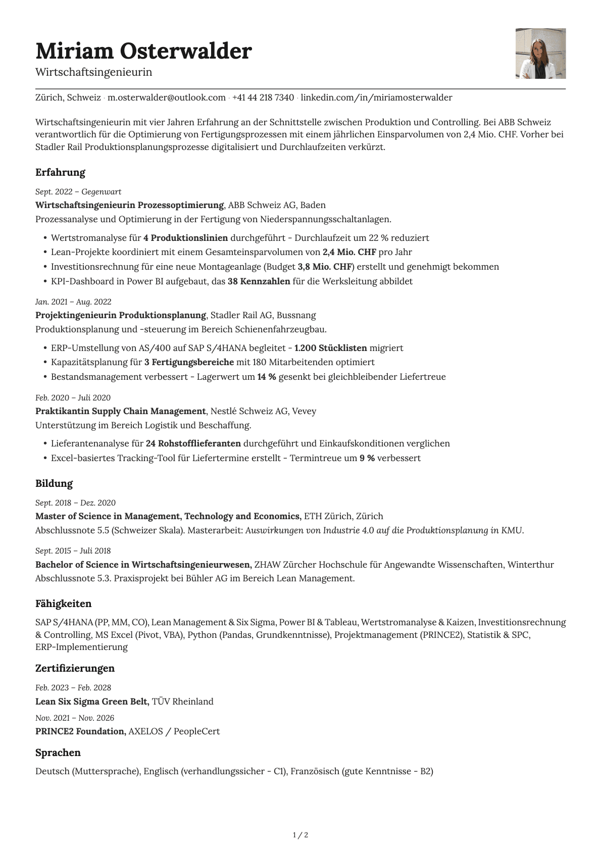 Wirtschaftsingenieur resume example