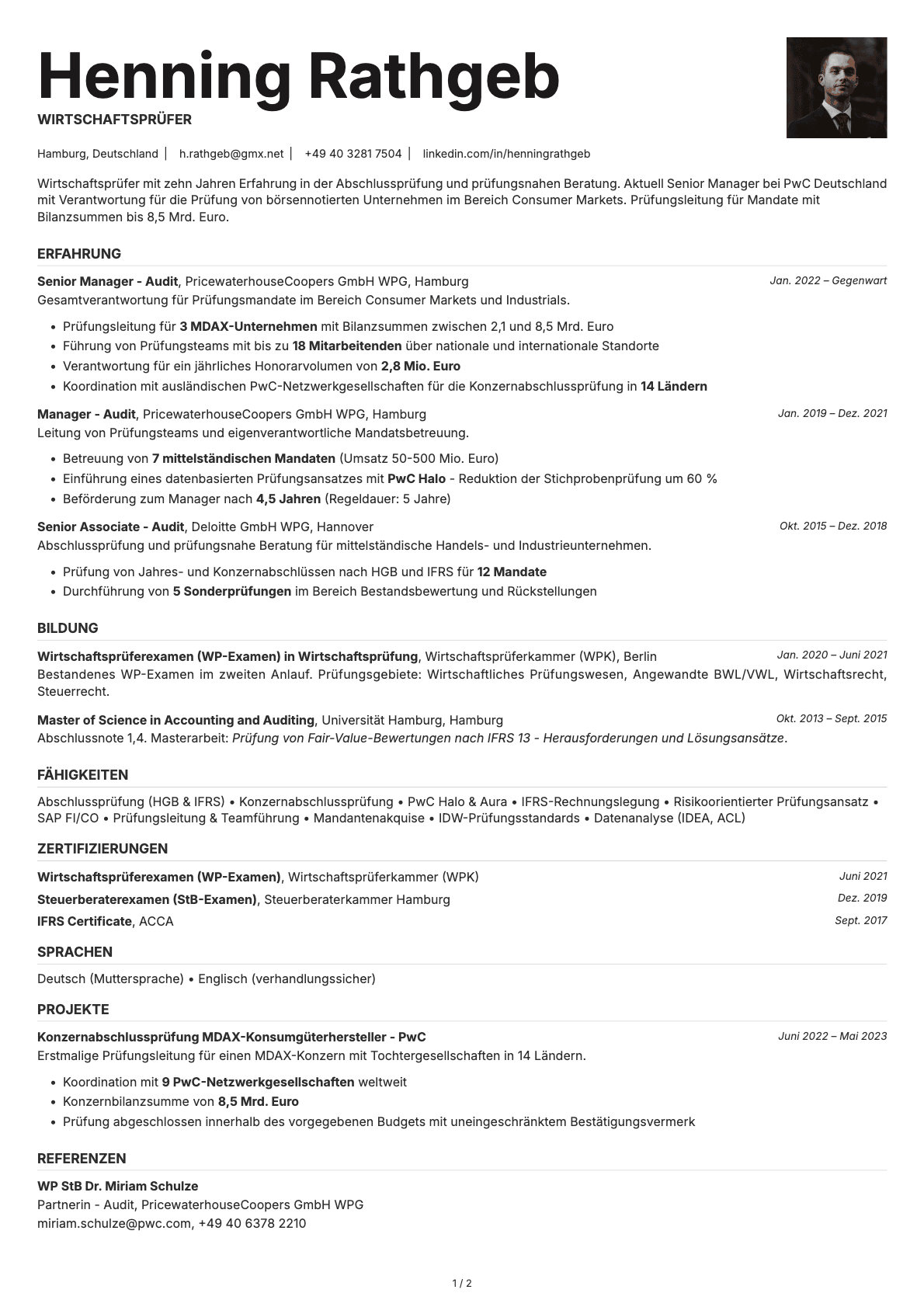 Wirtschaftsprüfer resume example