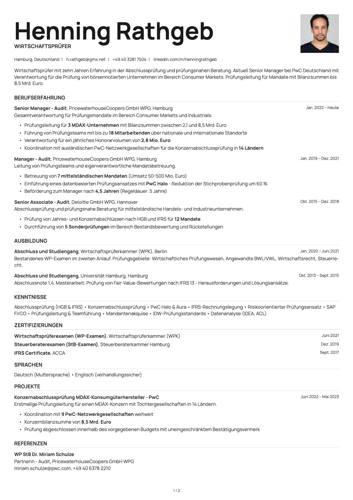 Wirtschaftspruefer resume example