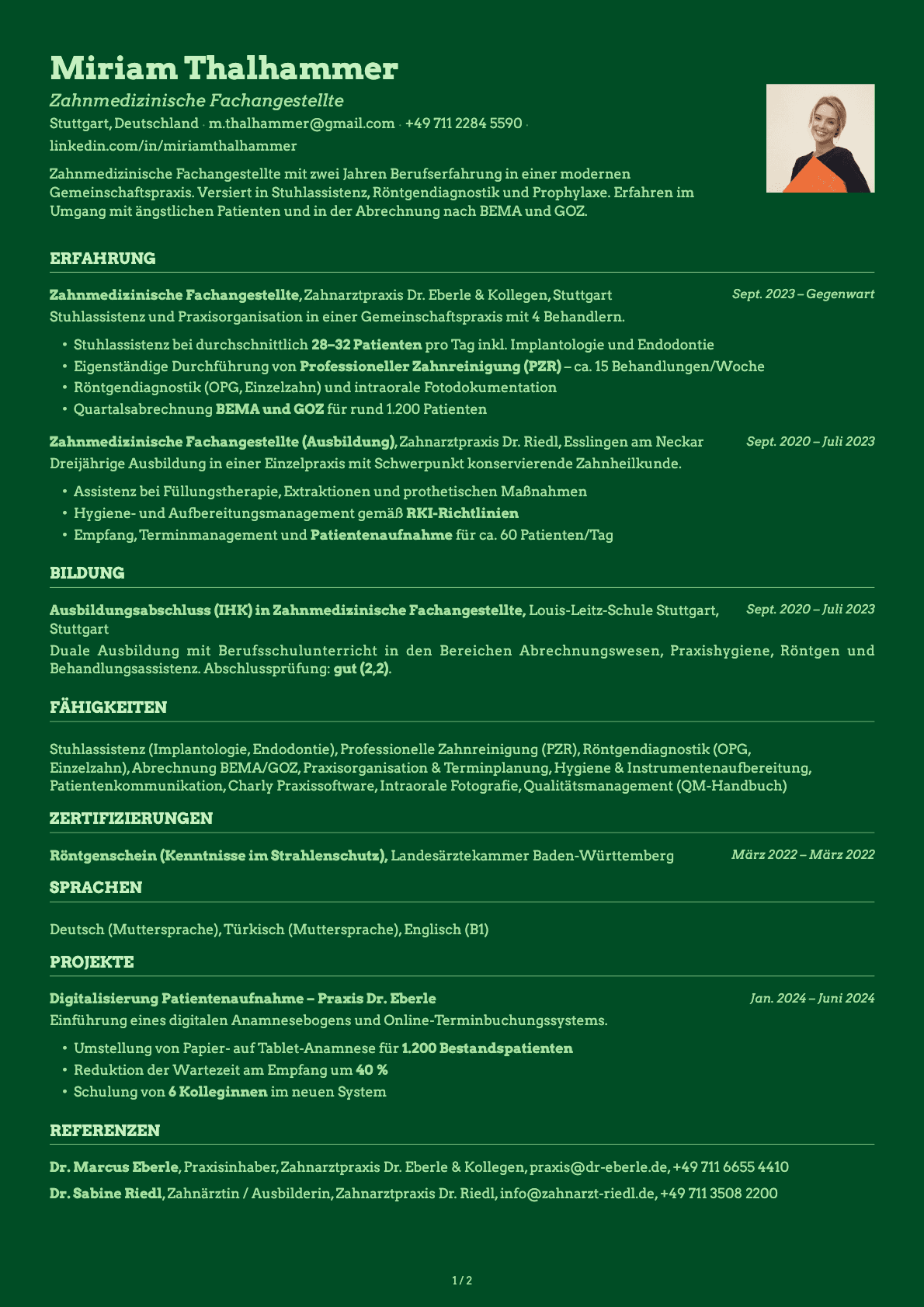 Zahnmedizinische Fachangestellte resume example