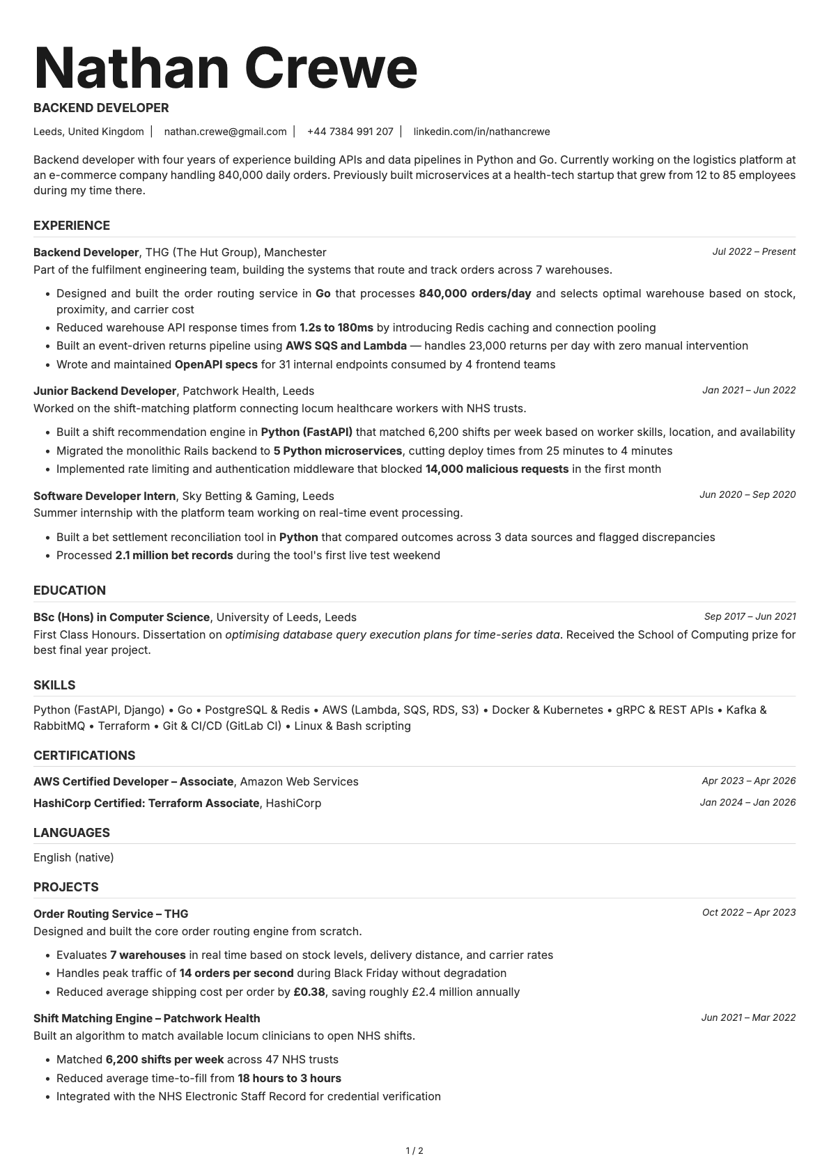 Backend Developer resume example