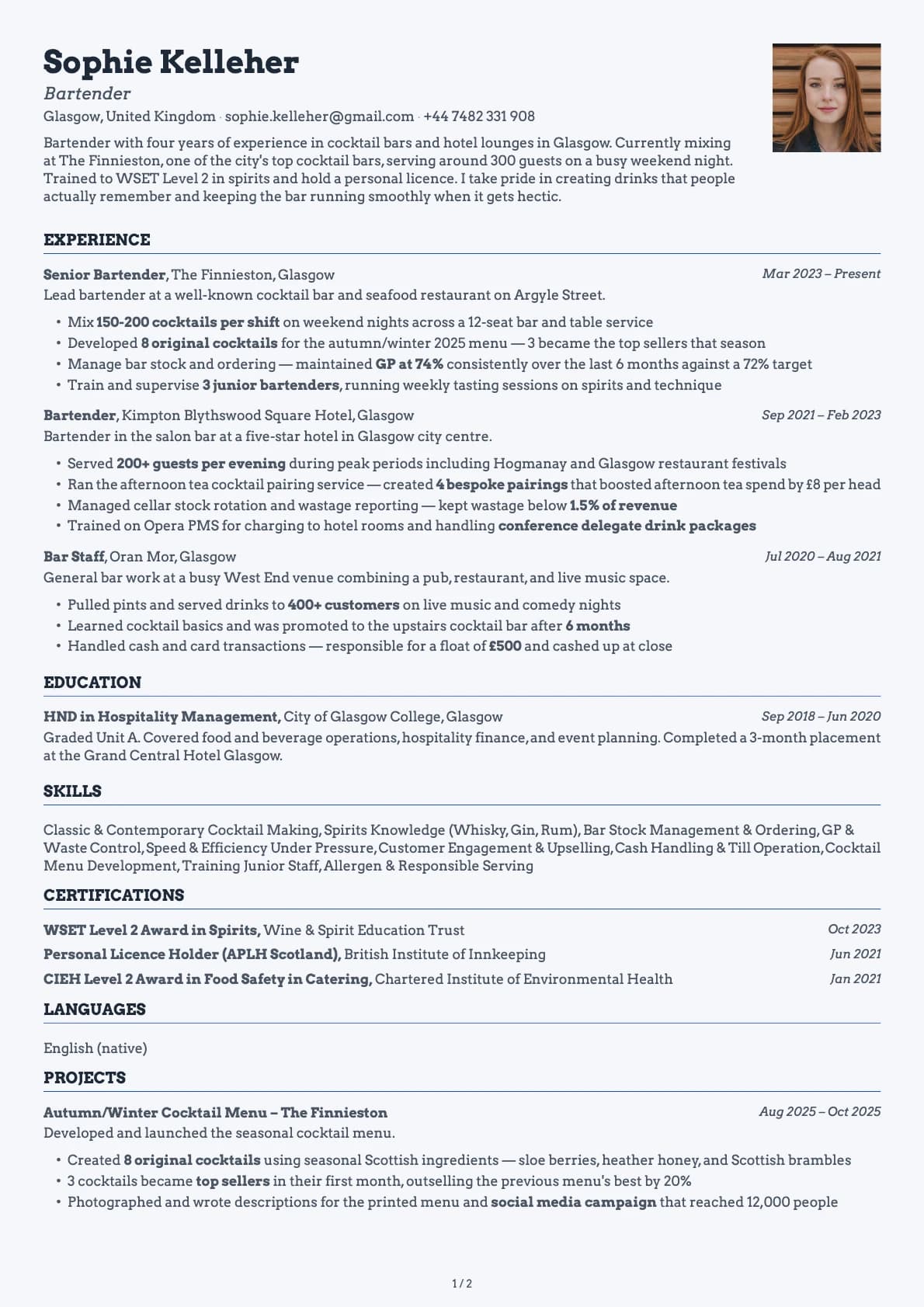Bartender resume example