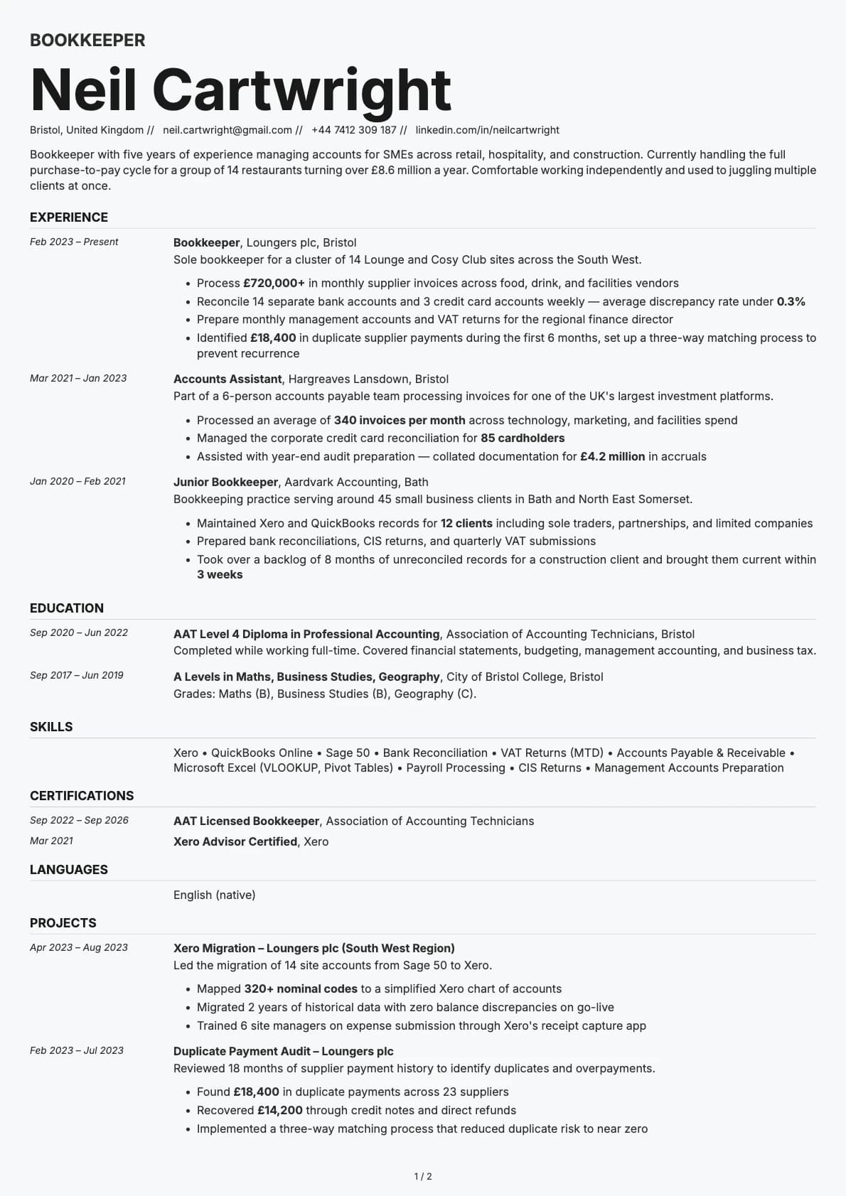 Bookkeeper resume example