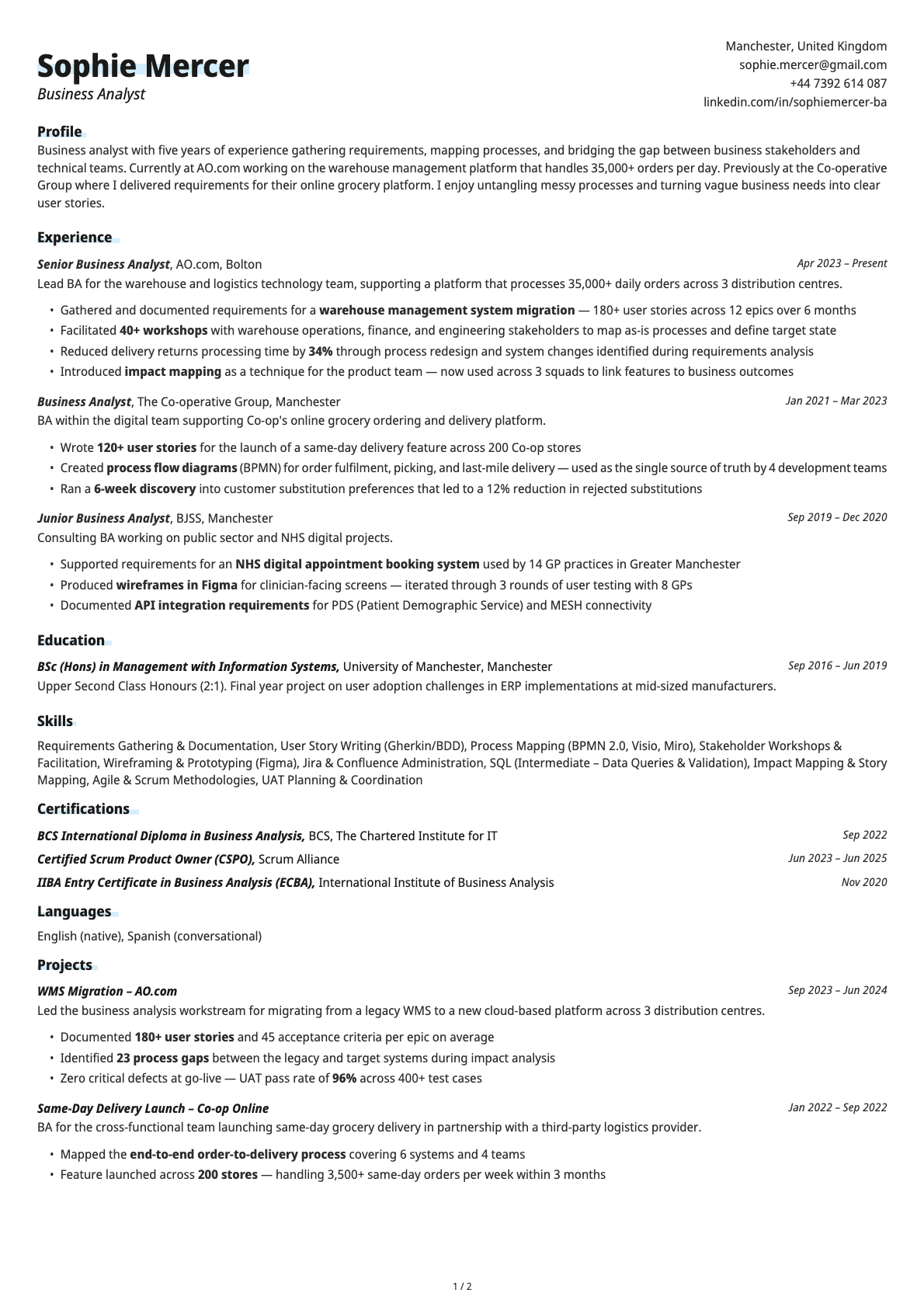 Business Analyst resume example
