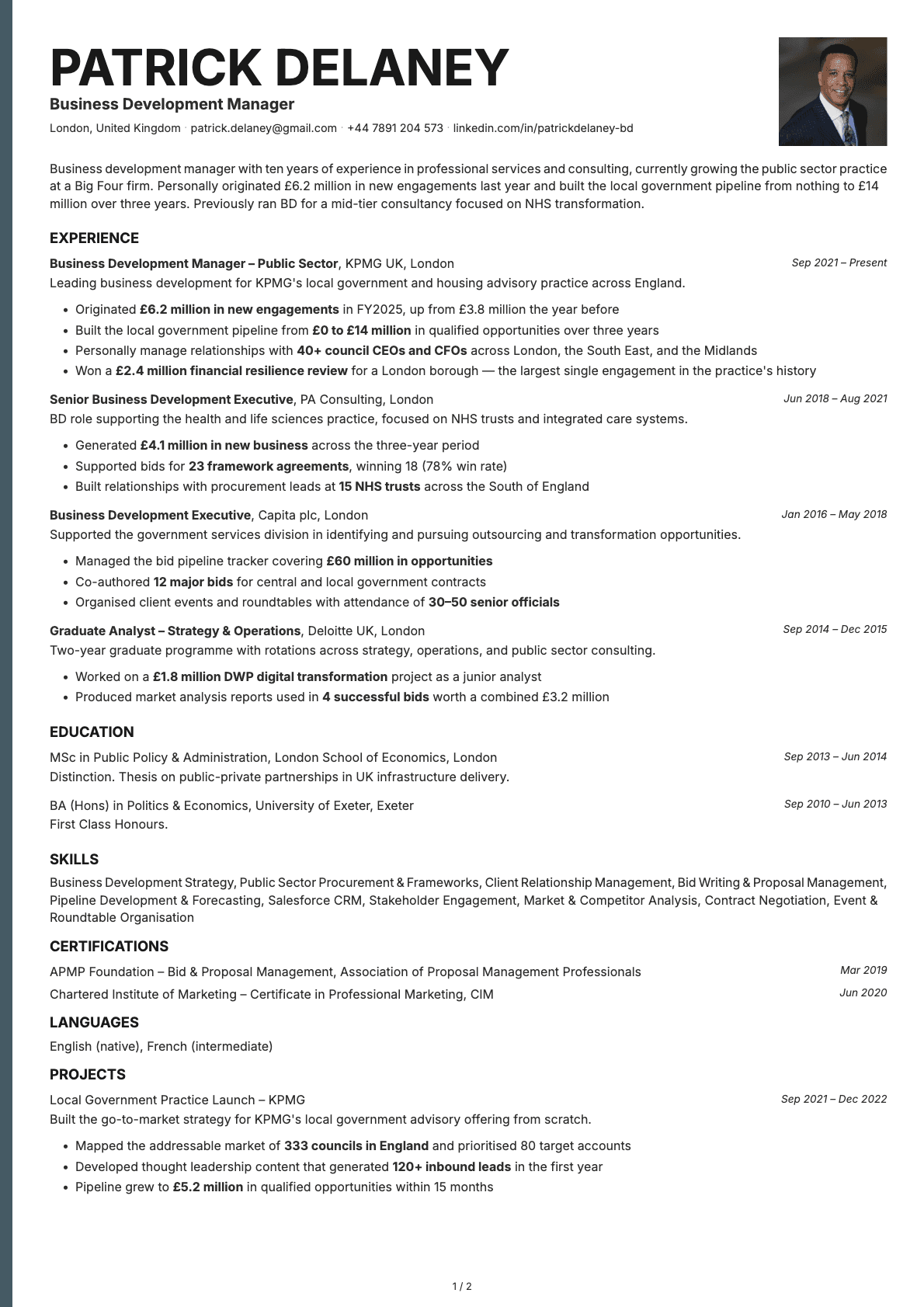 Business Development Manager resume example