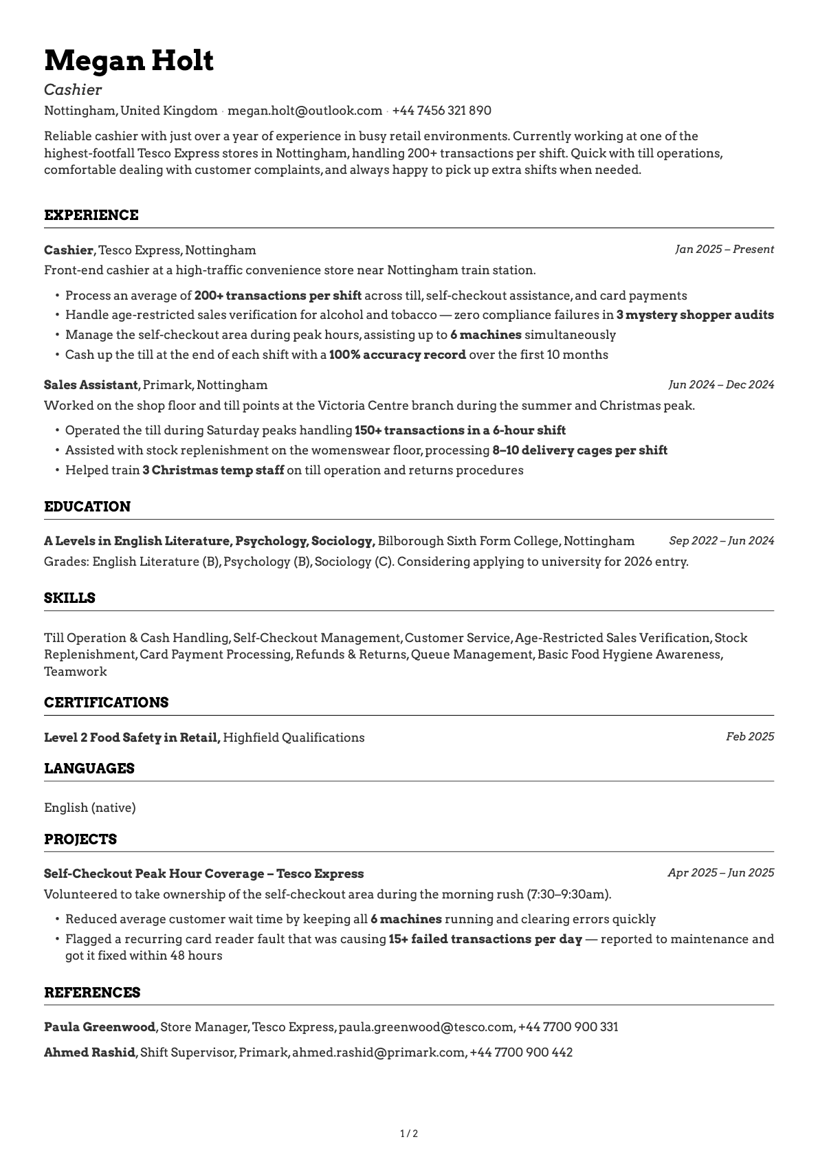 Cashier resume example