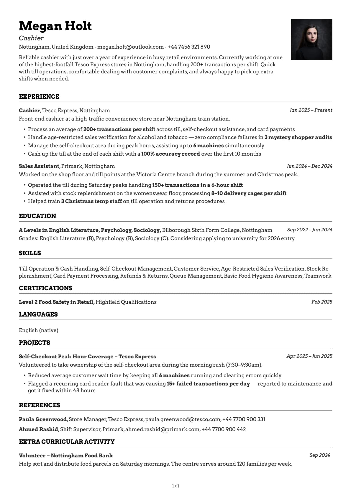 Cashier resume example