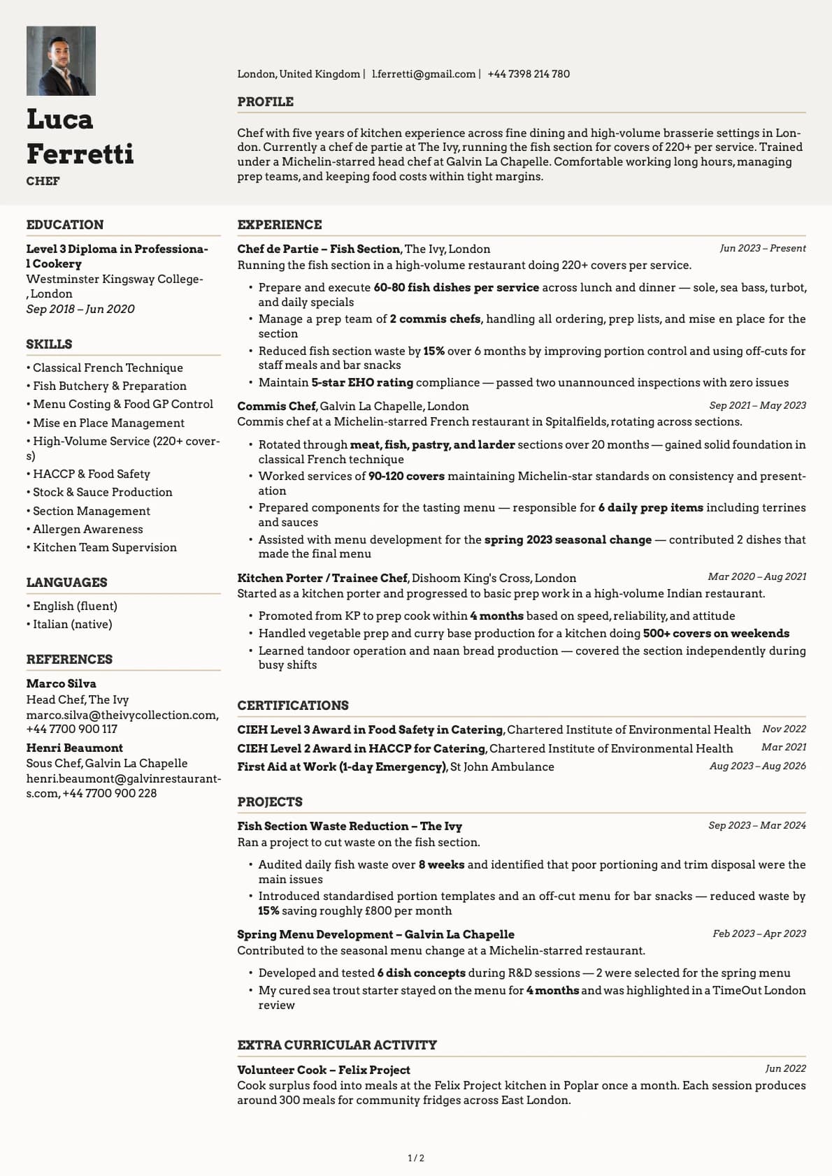 Chef resume example