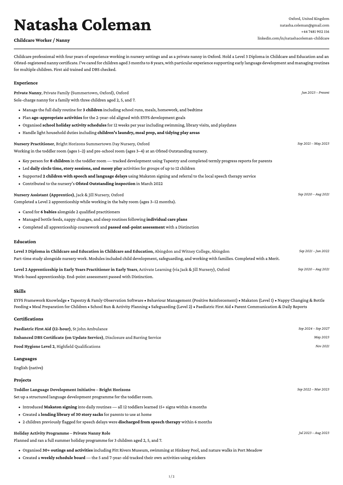 Childcare Worker / Nanny resume example