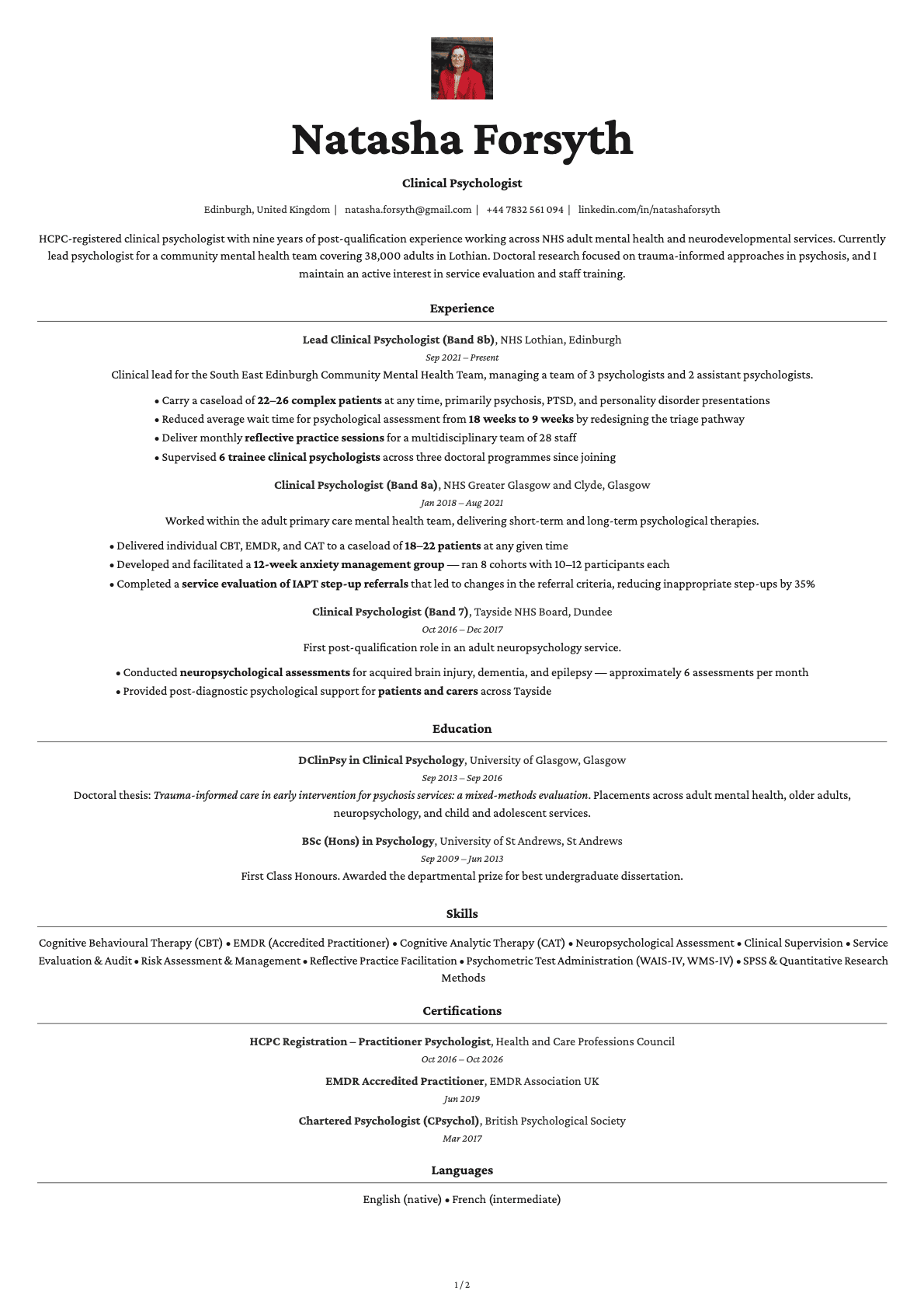 Clinical Psychologist resume example