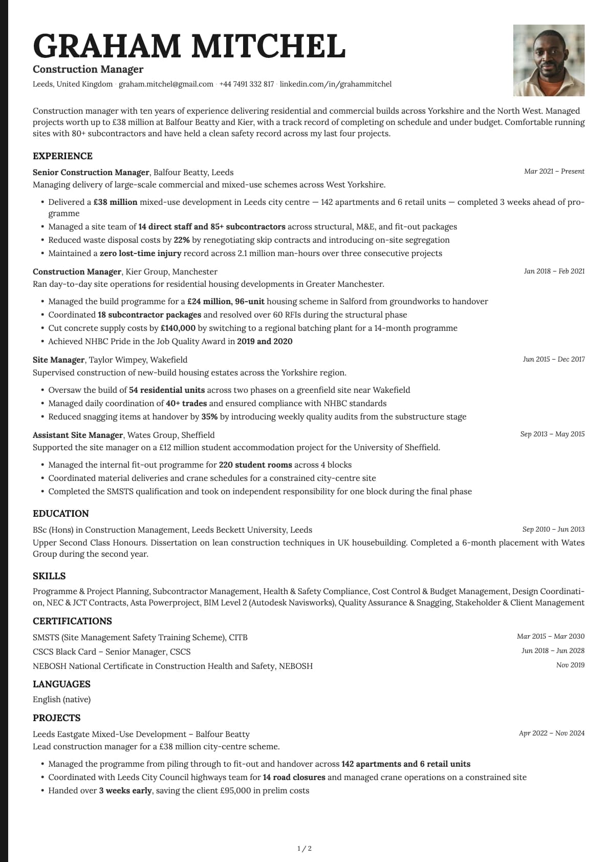 Construction Manager resume example