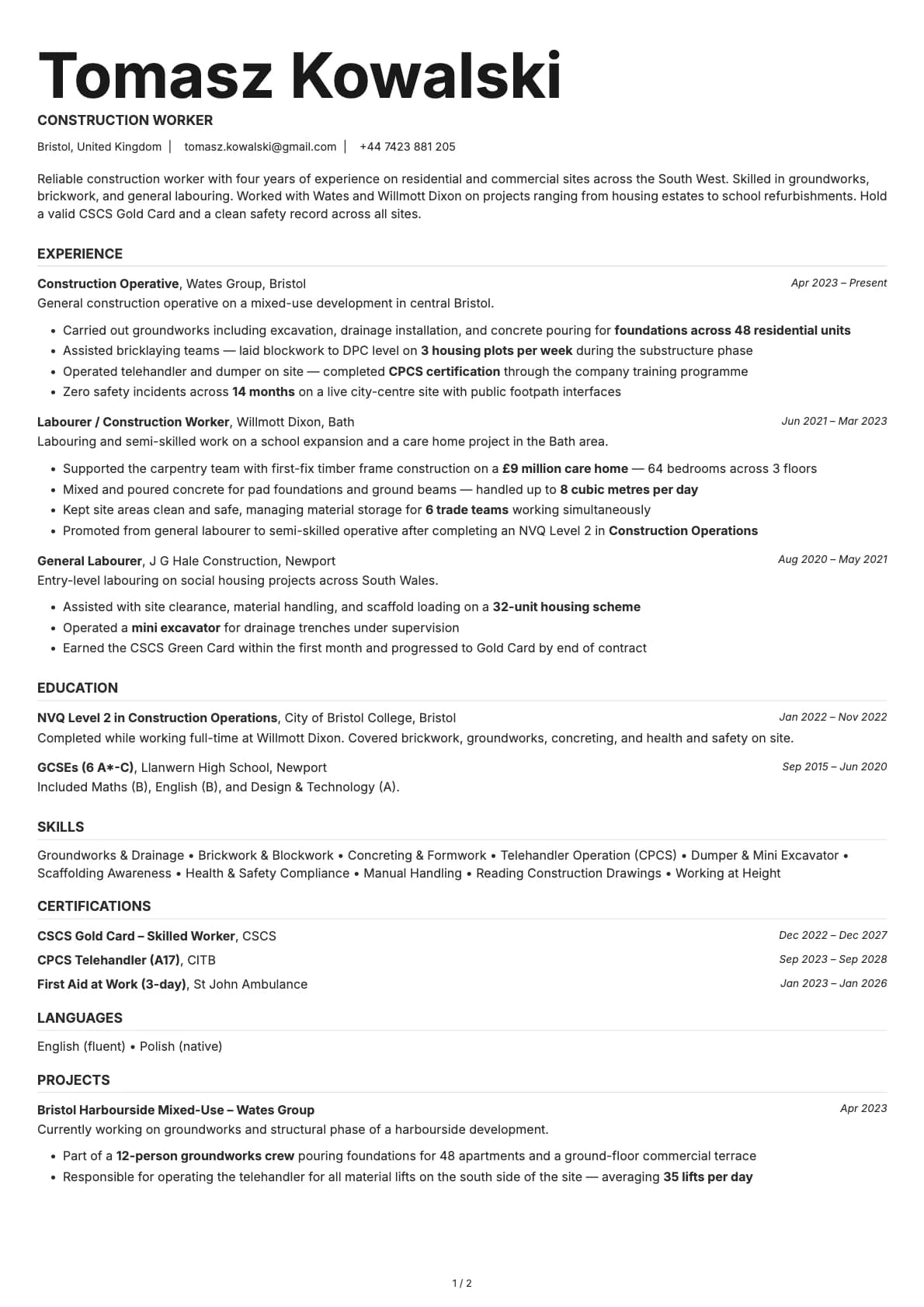 Construction Worker resume example