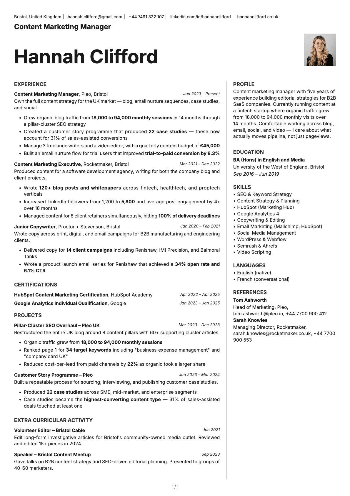 Content Marketing Manager resume example