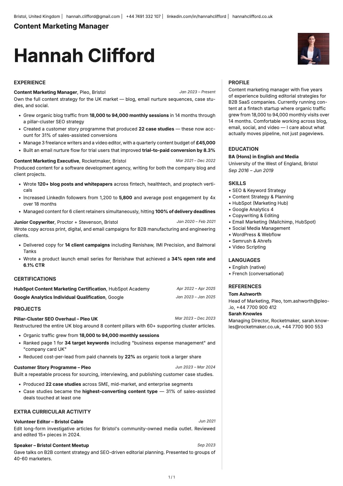 Content Marketing Manager resume example