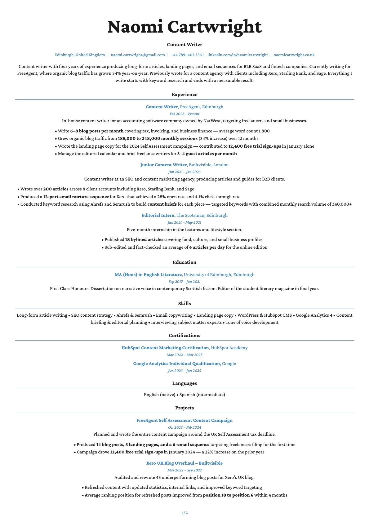 Content Writer resume example