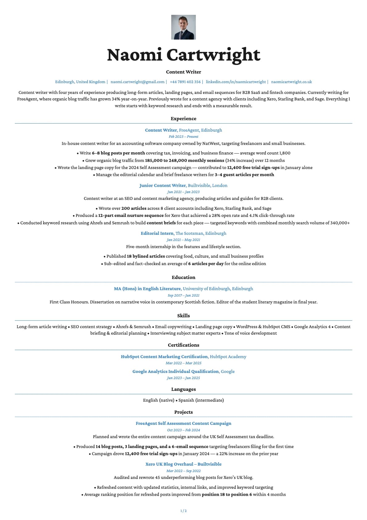 Content Writer resume example
