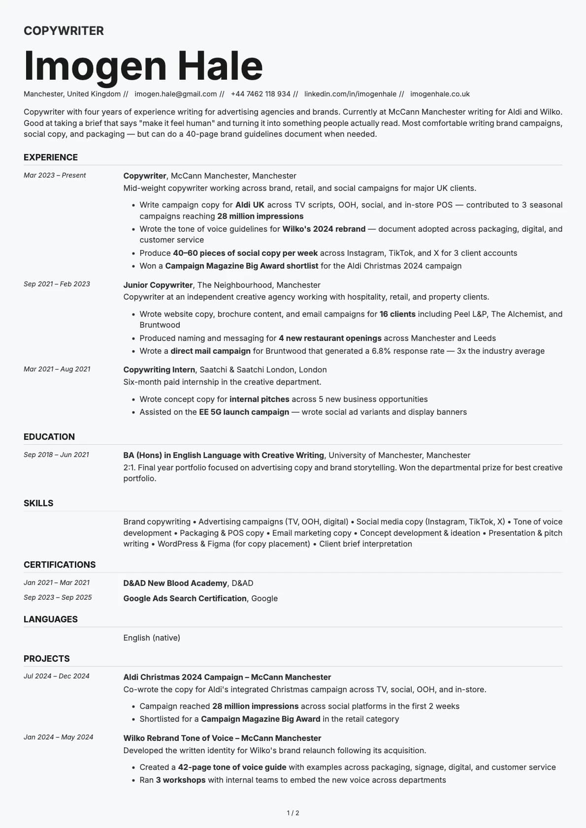 Copywriter resume example