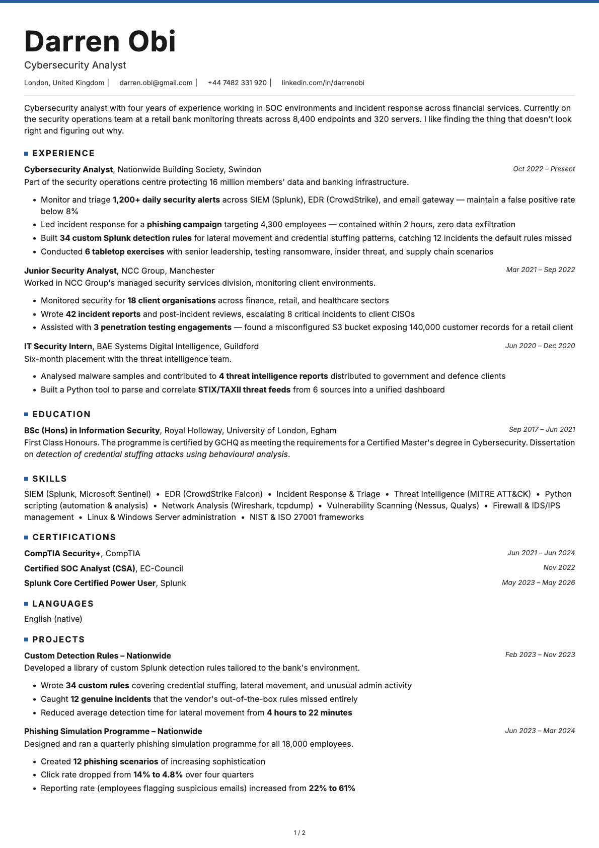 Cybersecurity Analyst resume example
