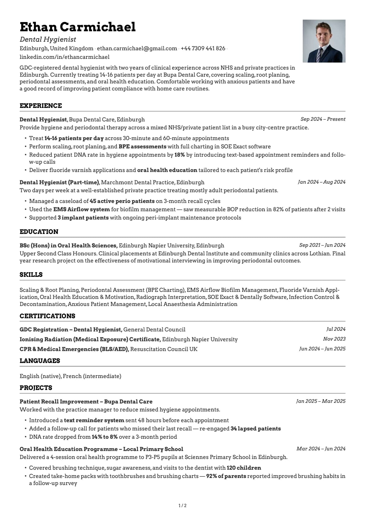 Dental Hygienist resume example
