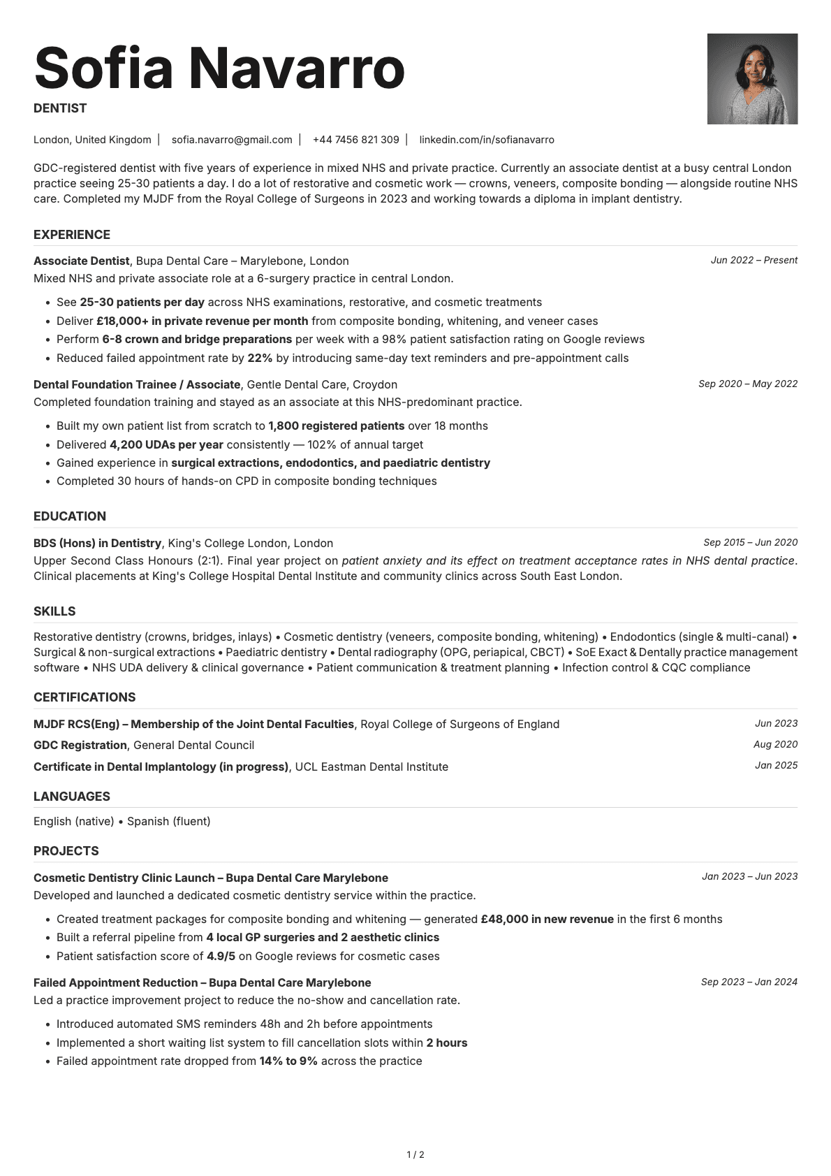 Dentist resume example
