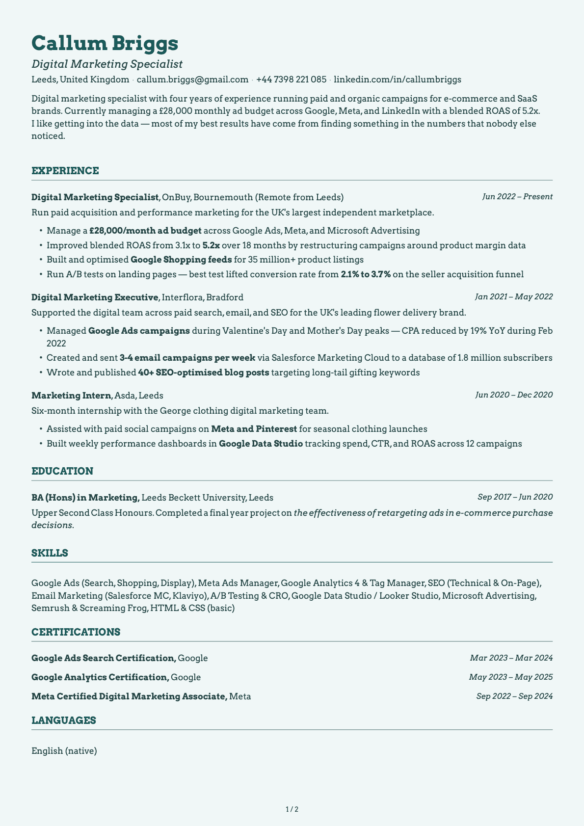 Digital Marketing Specialist resume example