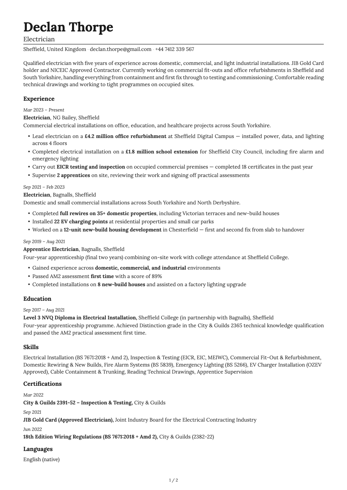 Electrician resume example