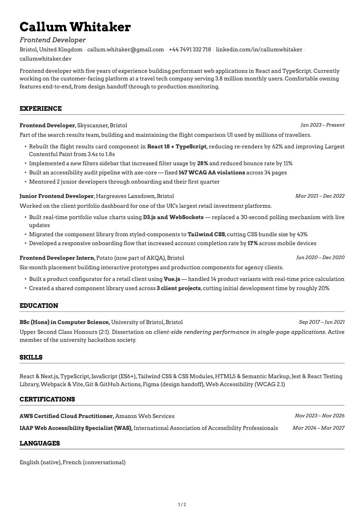 Frontend Developer resume example
