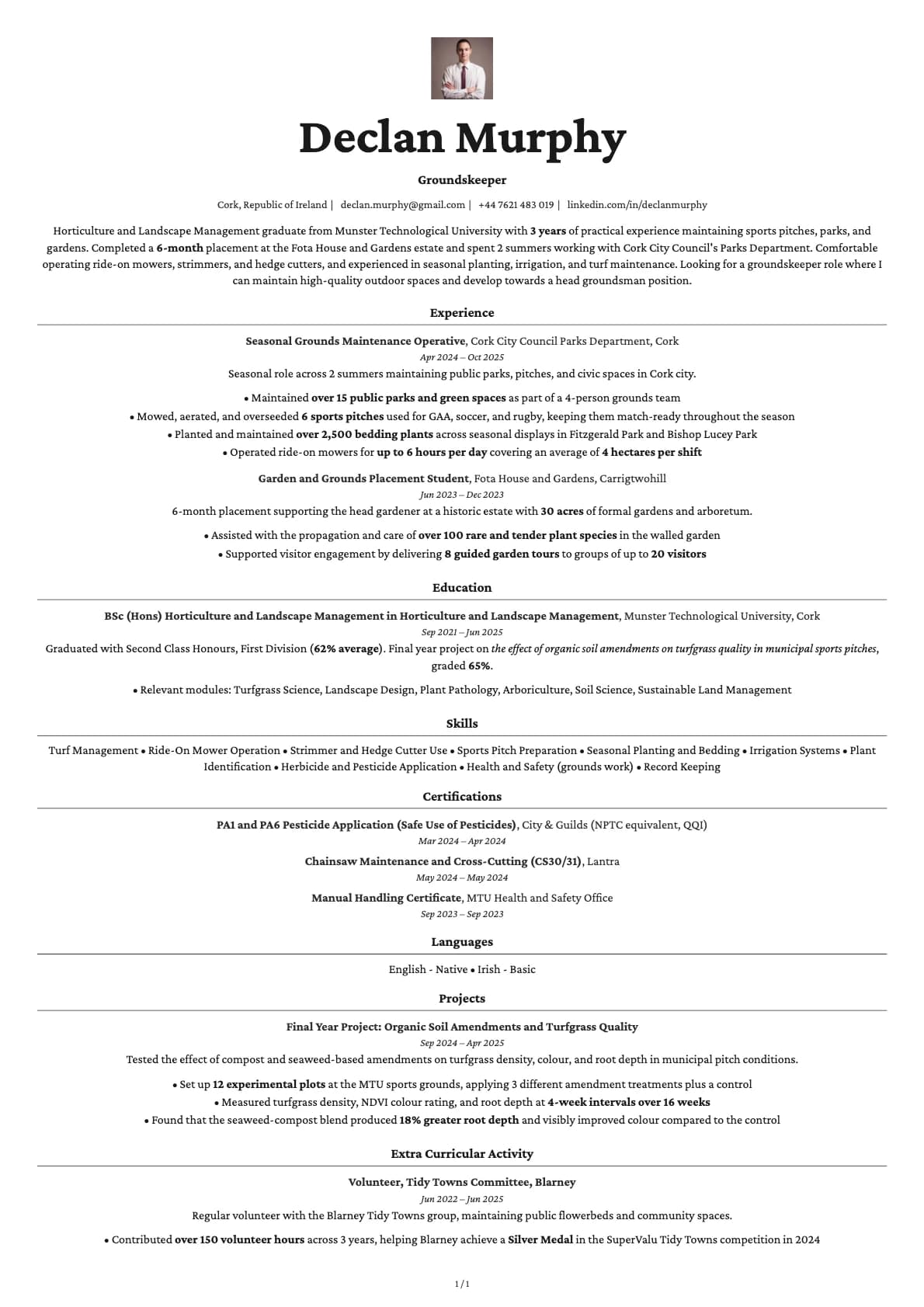 Groundskeeper resume example