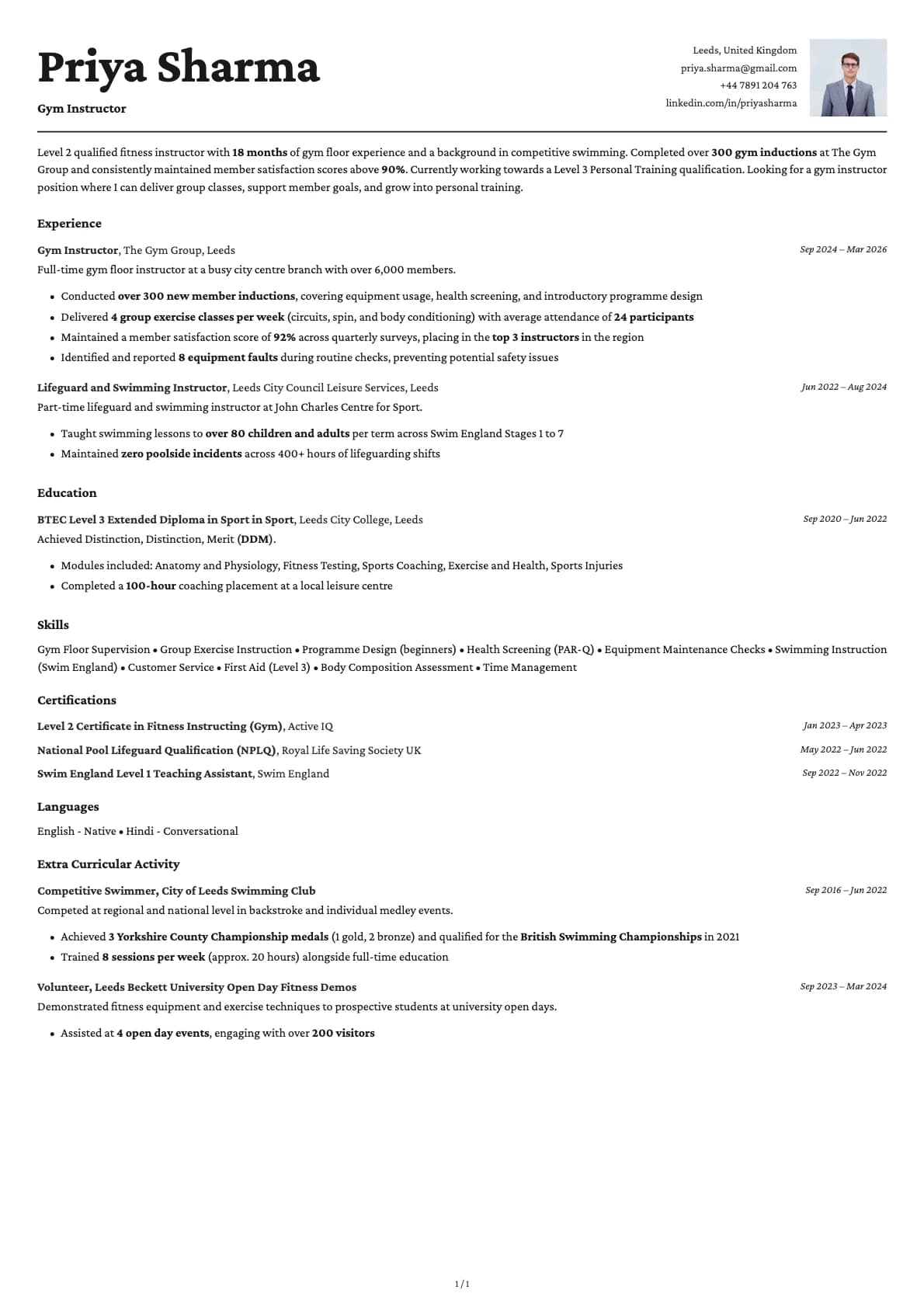 Gym Instructor resume example