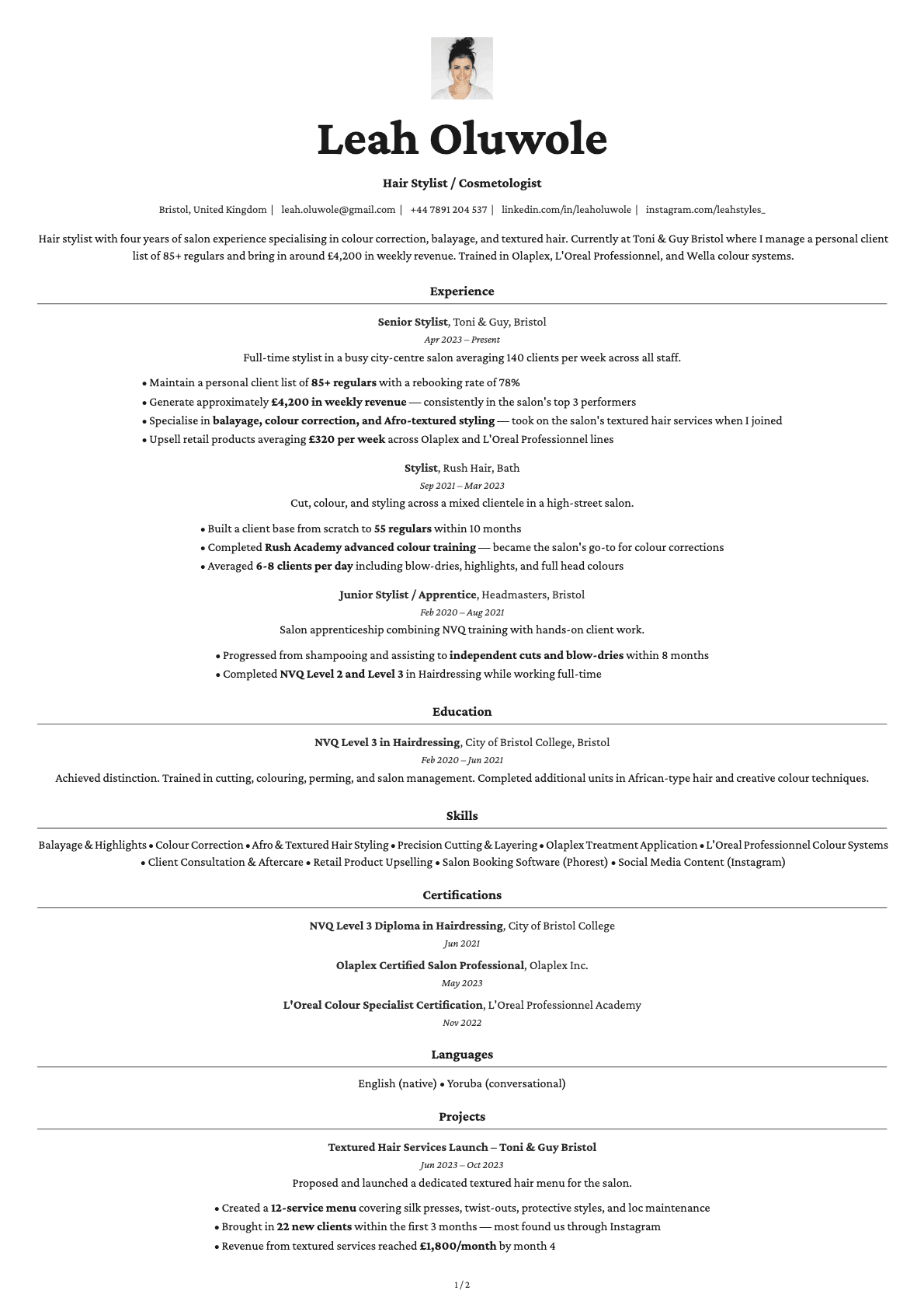 Hair Stylist / Cosmetologist resume example