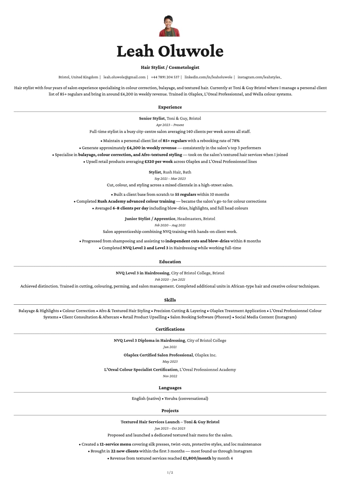 Hair Stylist / Cosmetologist resume example