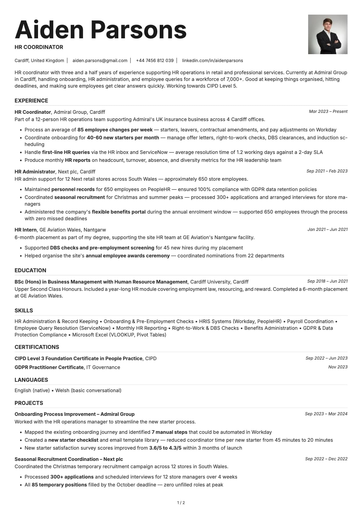 HR Coordinator resume example