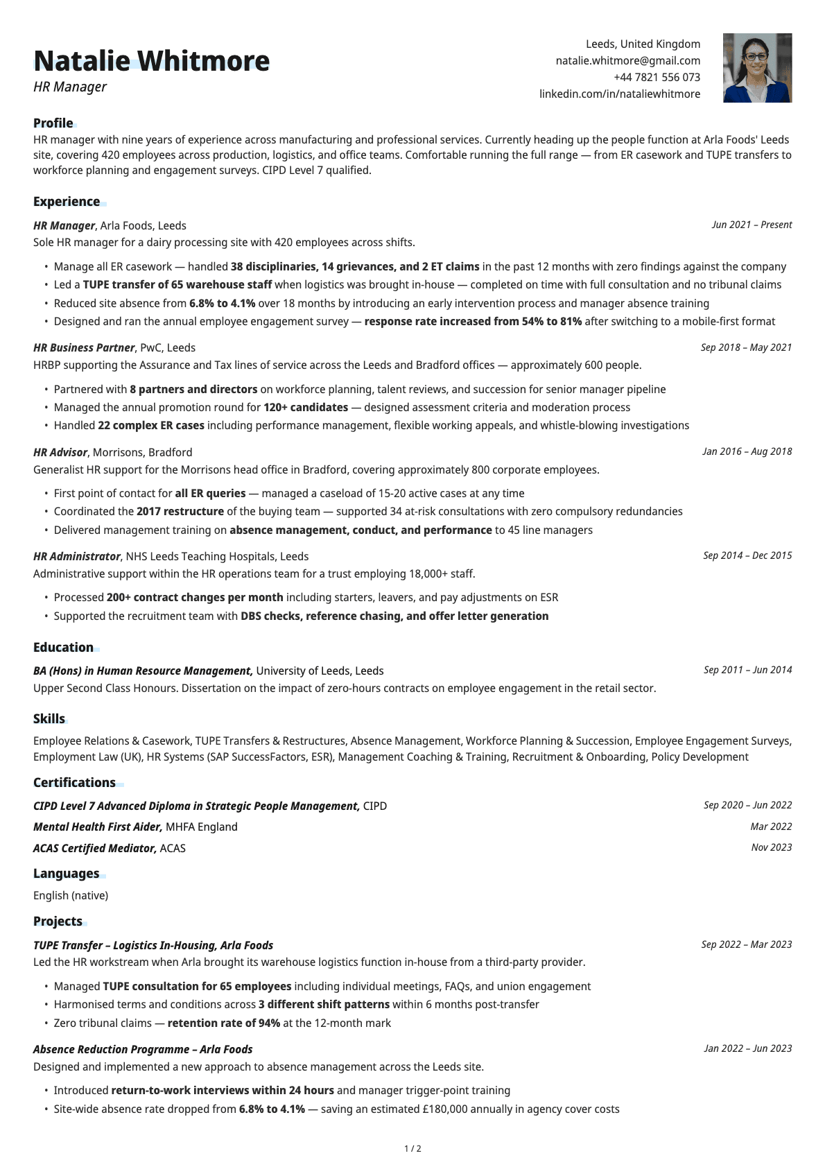 HR Manager resume example