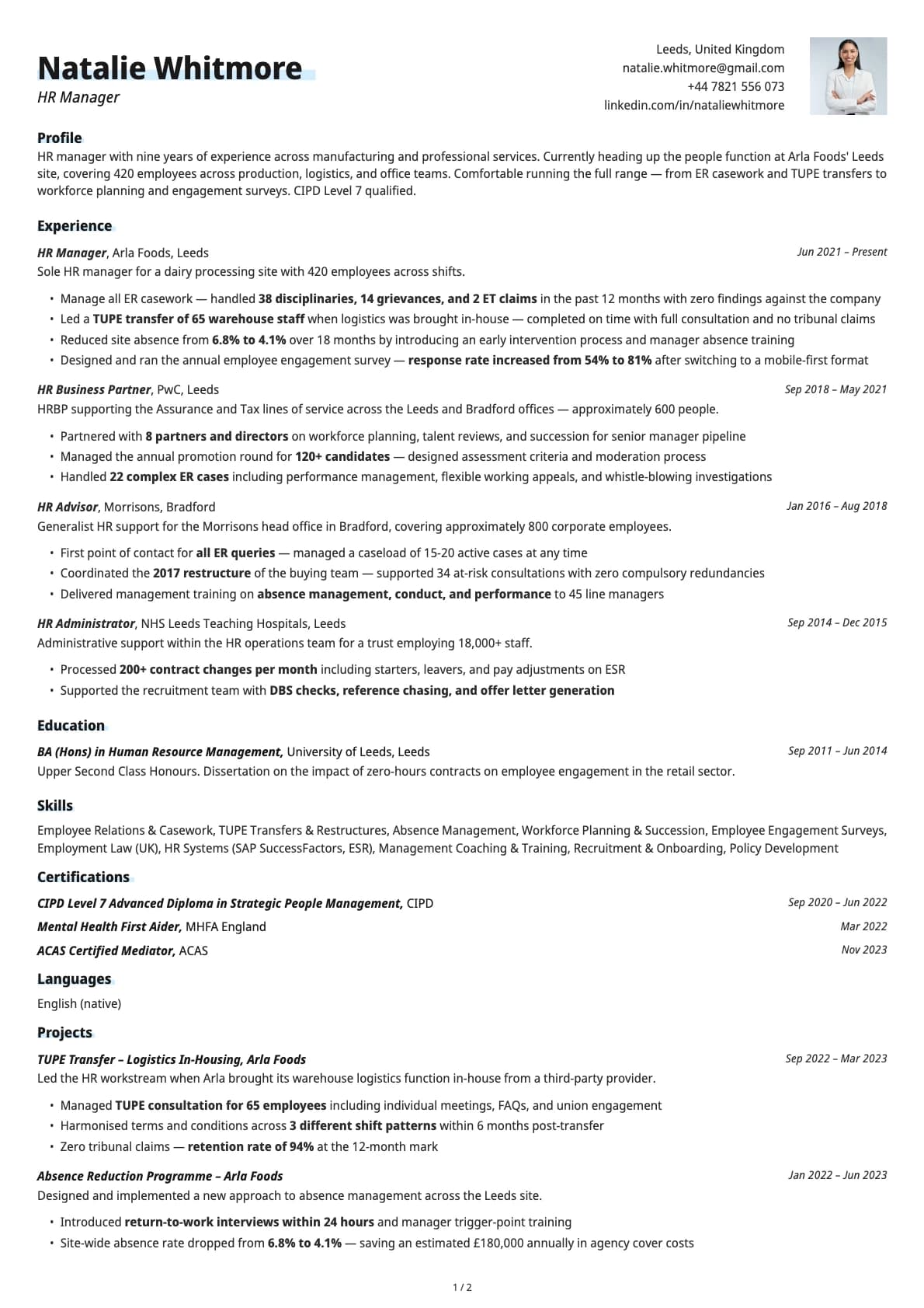HR Manager resume example