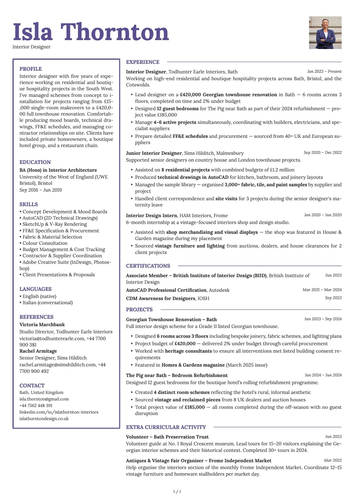 Interior Designer resume example